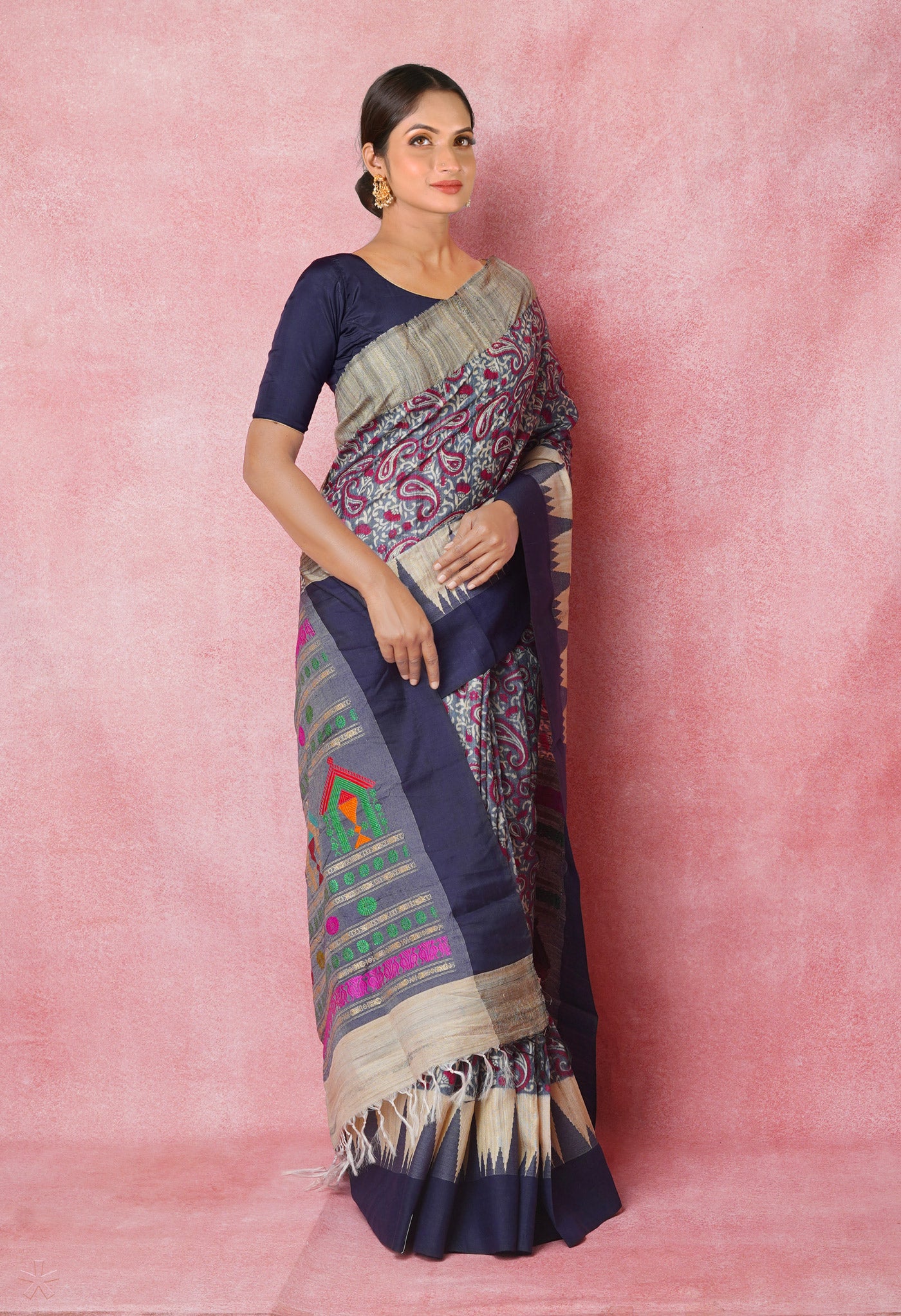 Grey Pure Handloom Hand Block Printed Vidarbha Tussar Silk Saree