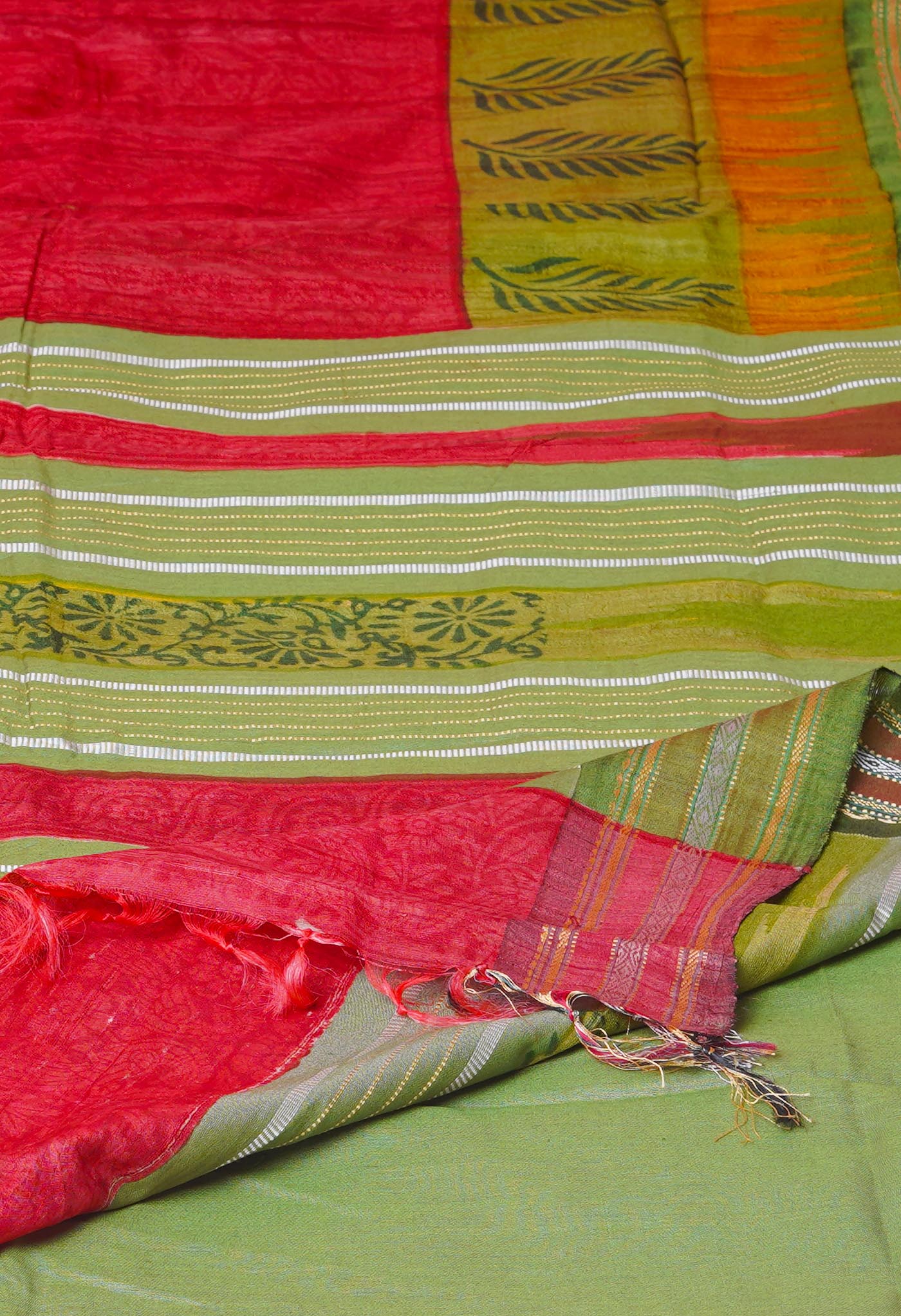 Peach Red Pure Handloom Hand Block Printed Vidarbha Tussar Silk Saree