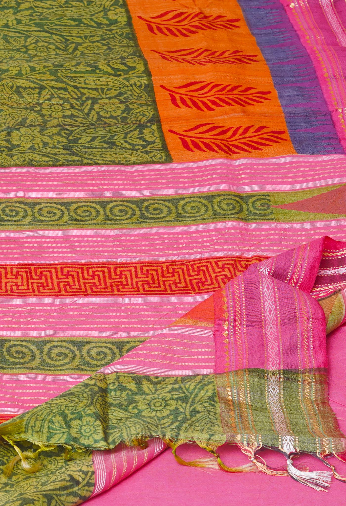 Green Pure Handloom Hand Block Printed Vidarbha Tussar Silk Saree