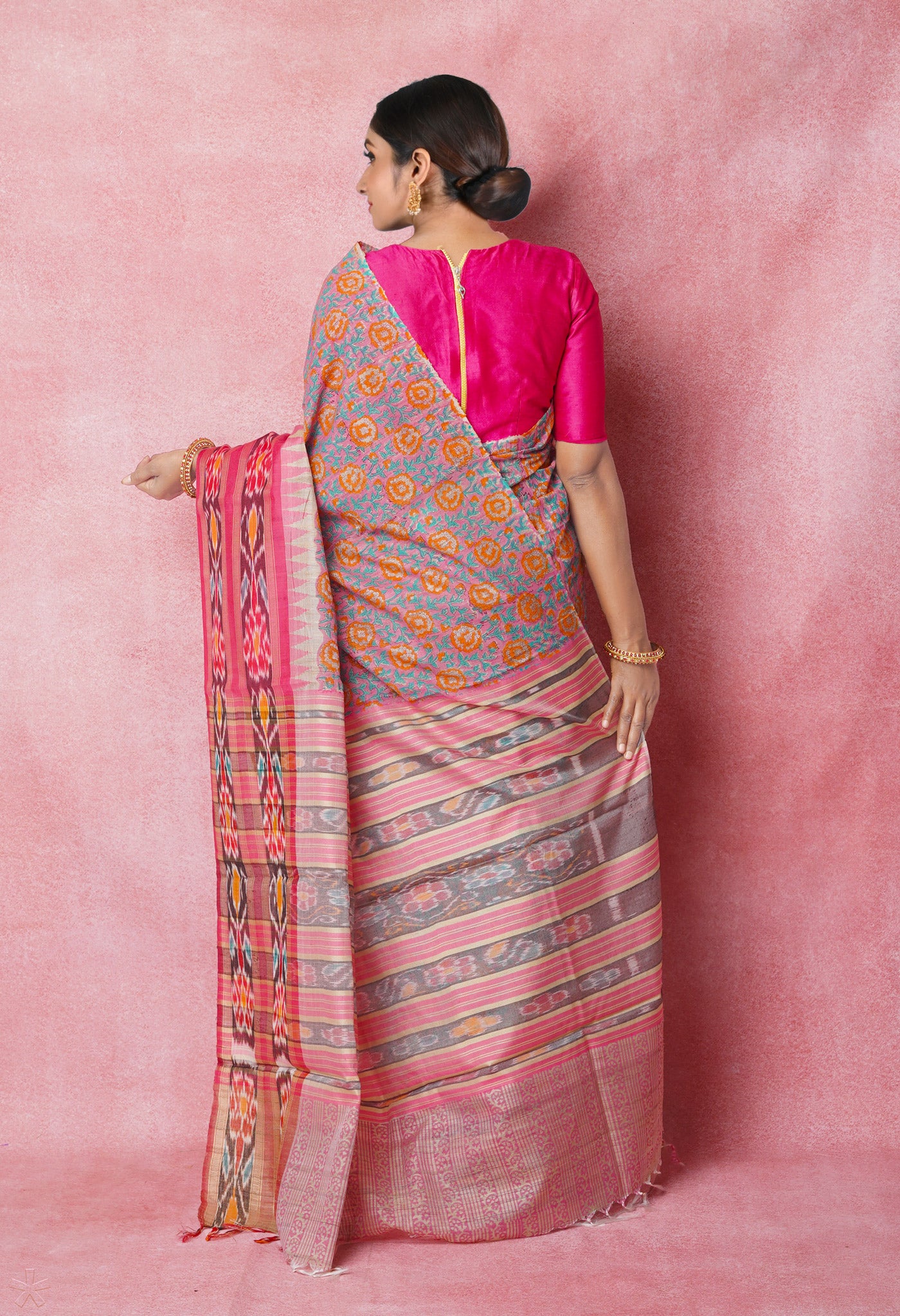 Pink Pure Handloom Hand Block Printed Vidarbha Tussar Silk Saree