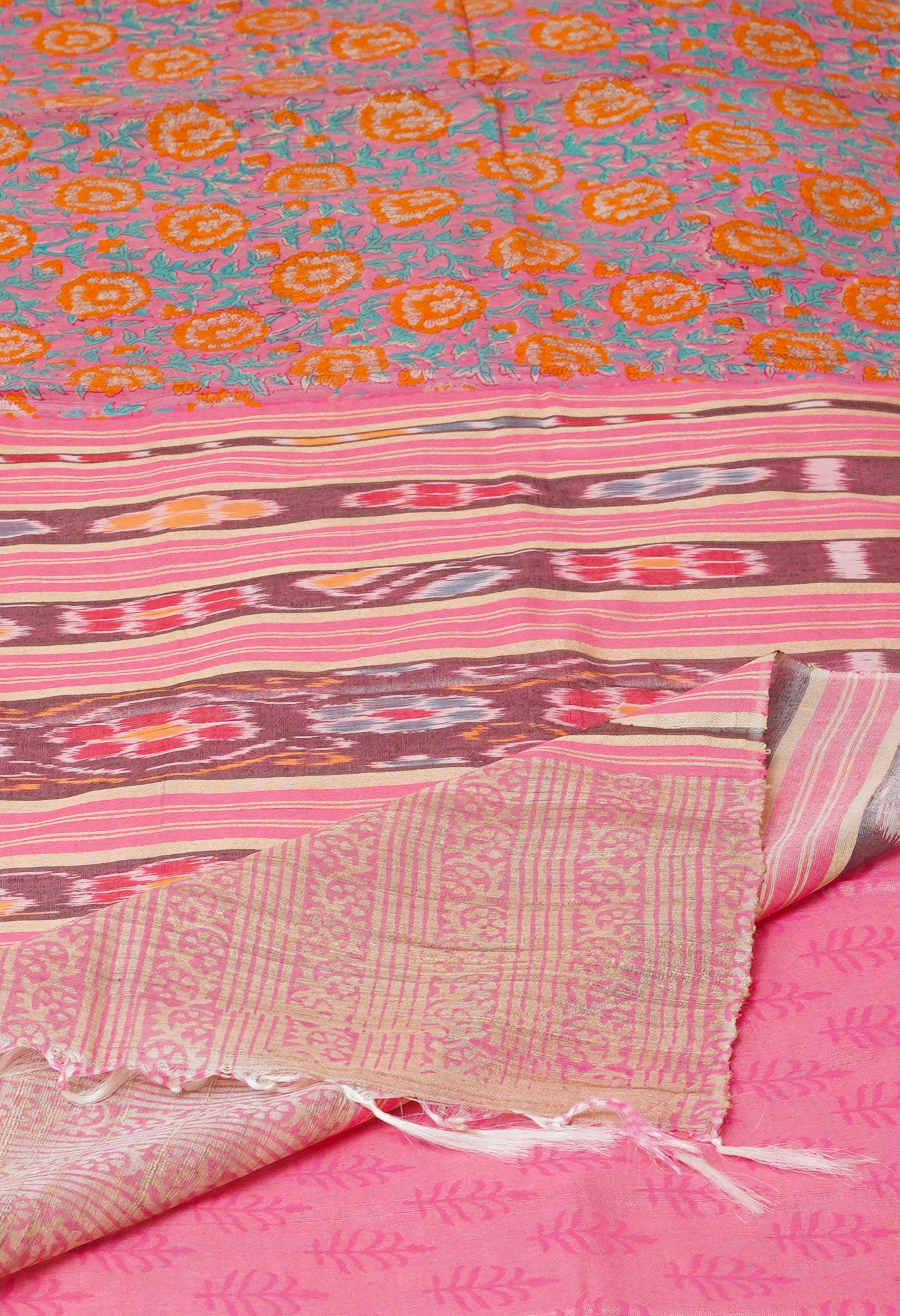 Pink Pure Handloom Hand Block Printed Vidarbha Tussar Silk Saree