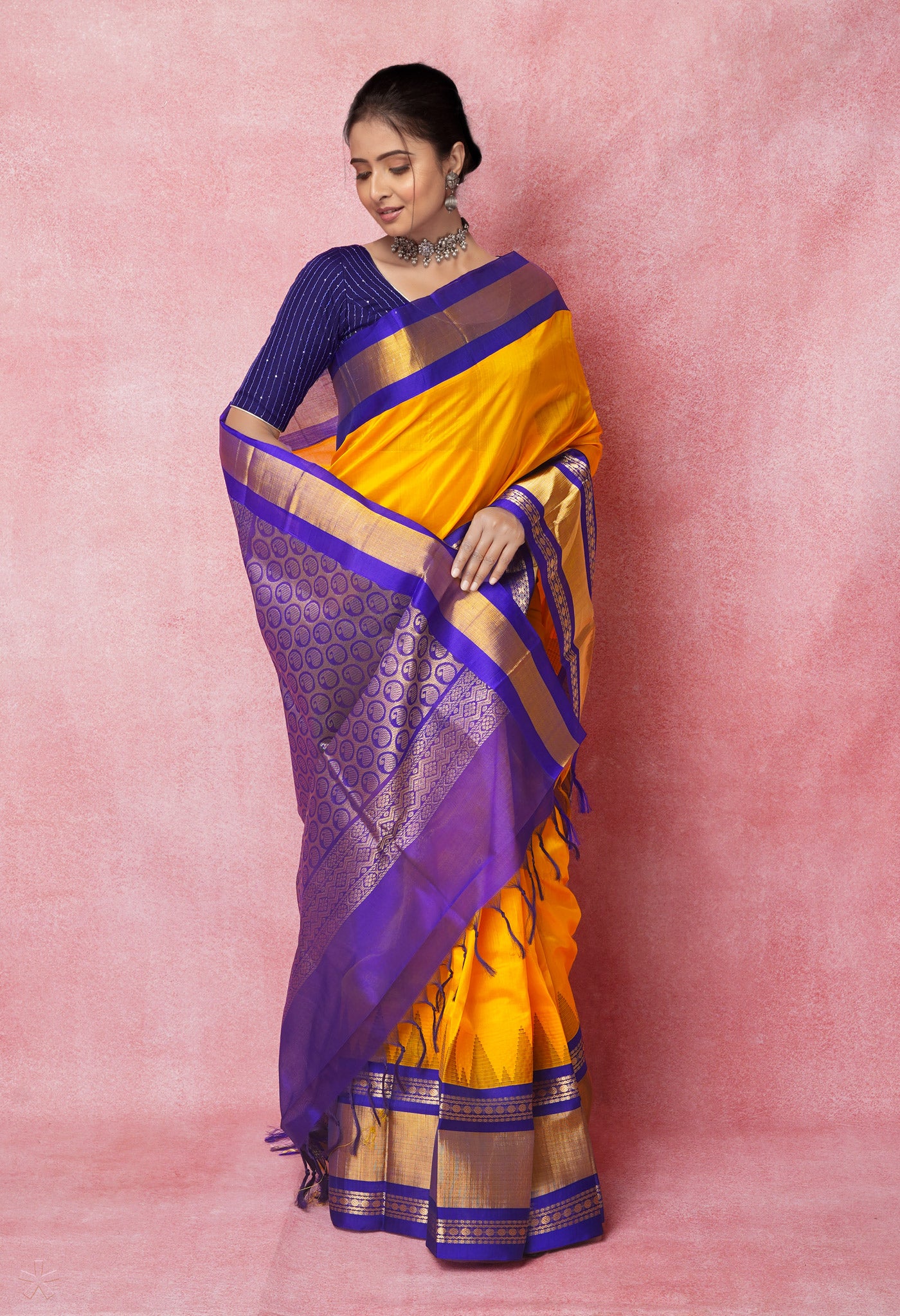 Yellow-Dark Blue Pure Handloom Assam Silk Saree-UNM74536