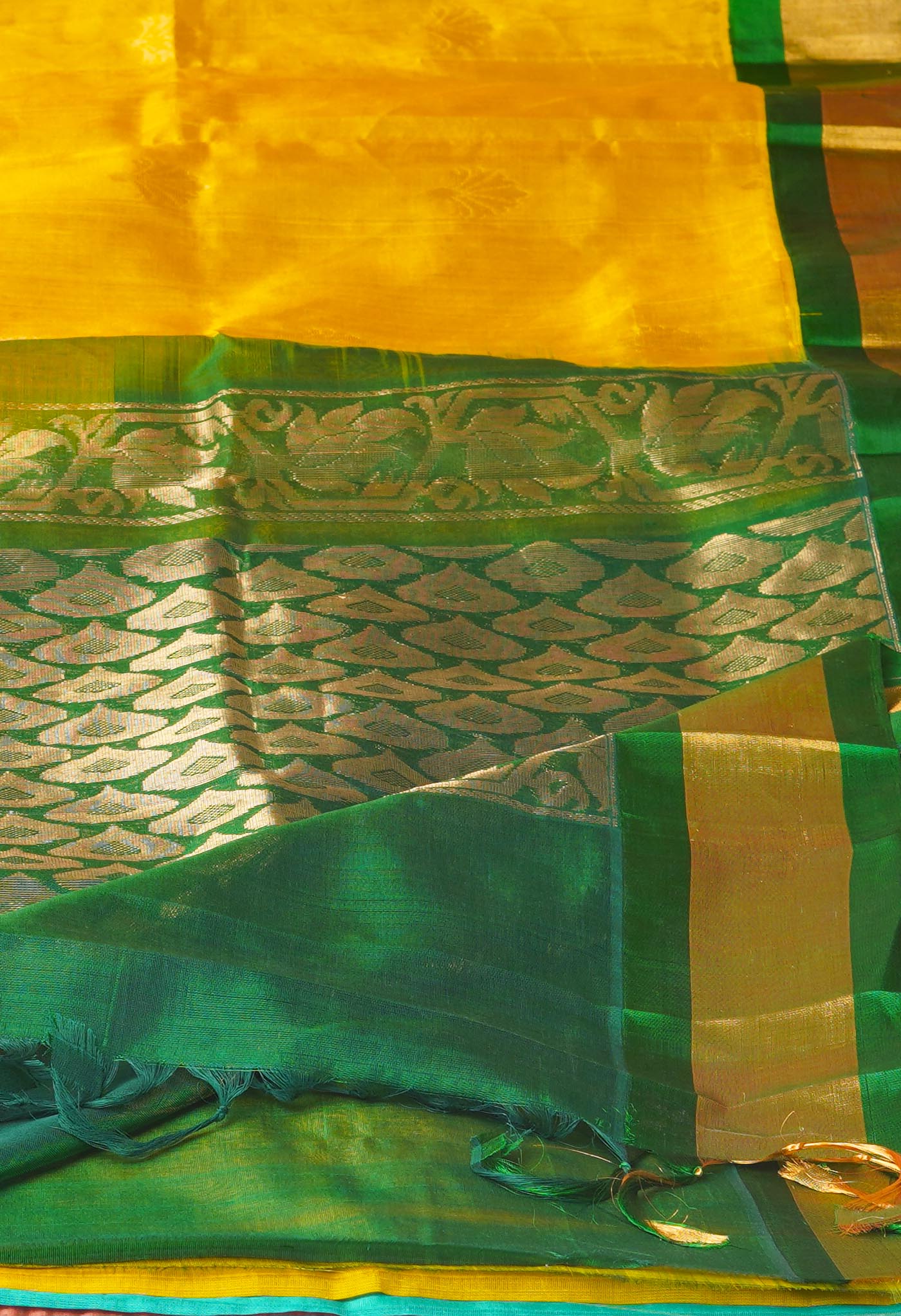 Yellow-Dark Green Pure Handloom Assam Silk Saree-UNM74546
