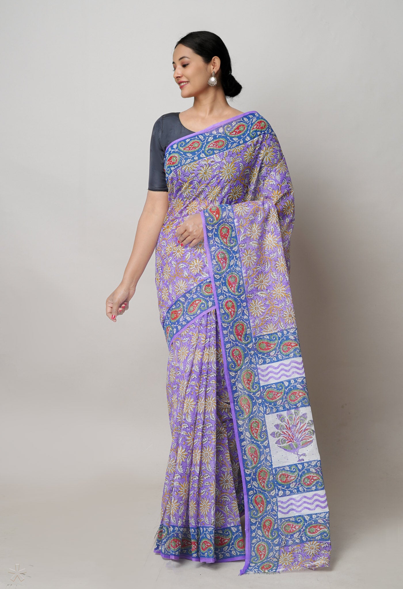 Purple Pure Block Printed Kota Cotton Saree With Kalamkari Printed Blouse Piece-UNM74578