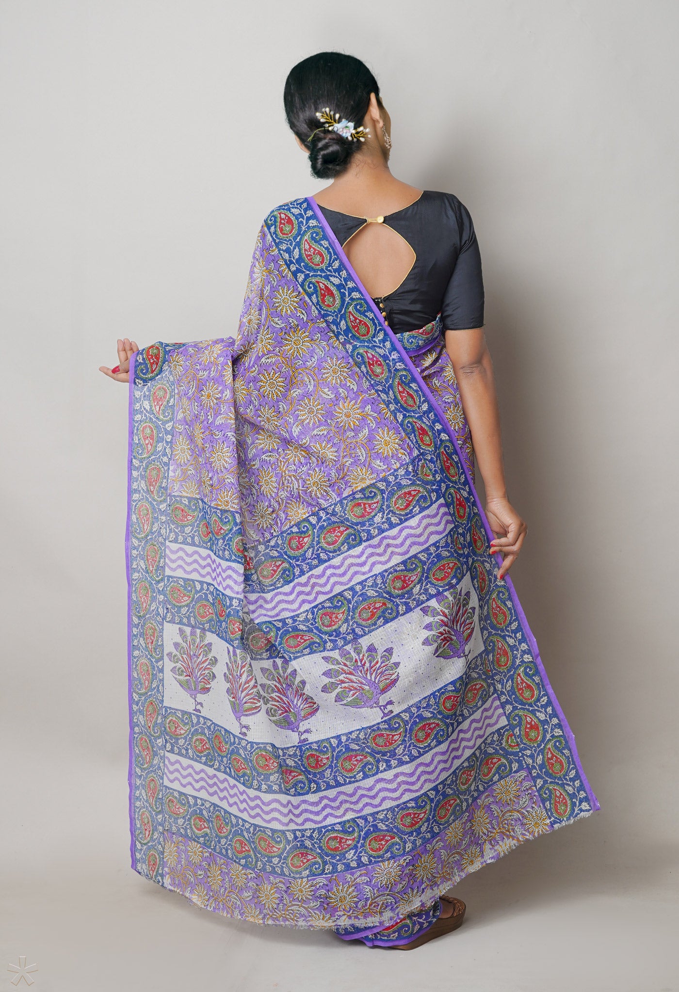 Purple Pure Block Printed Kota Cotton Saree With Kalamkari Printed Blouse Piece-UNM74578