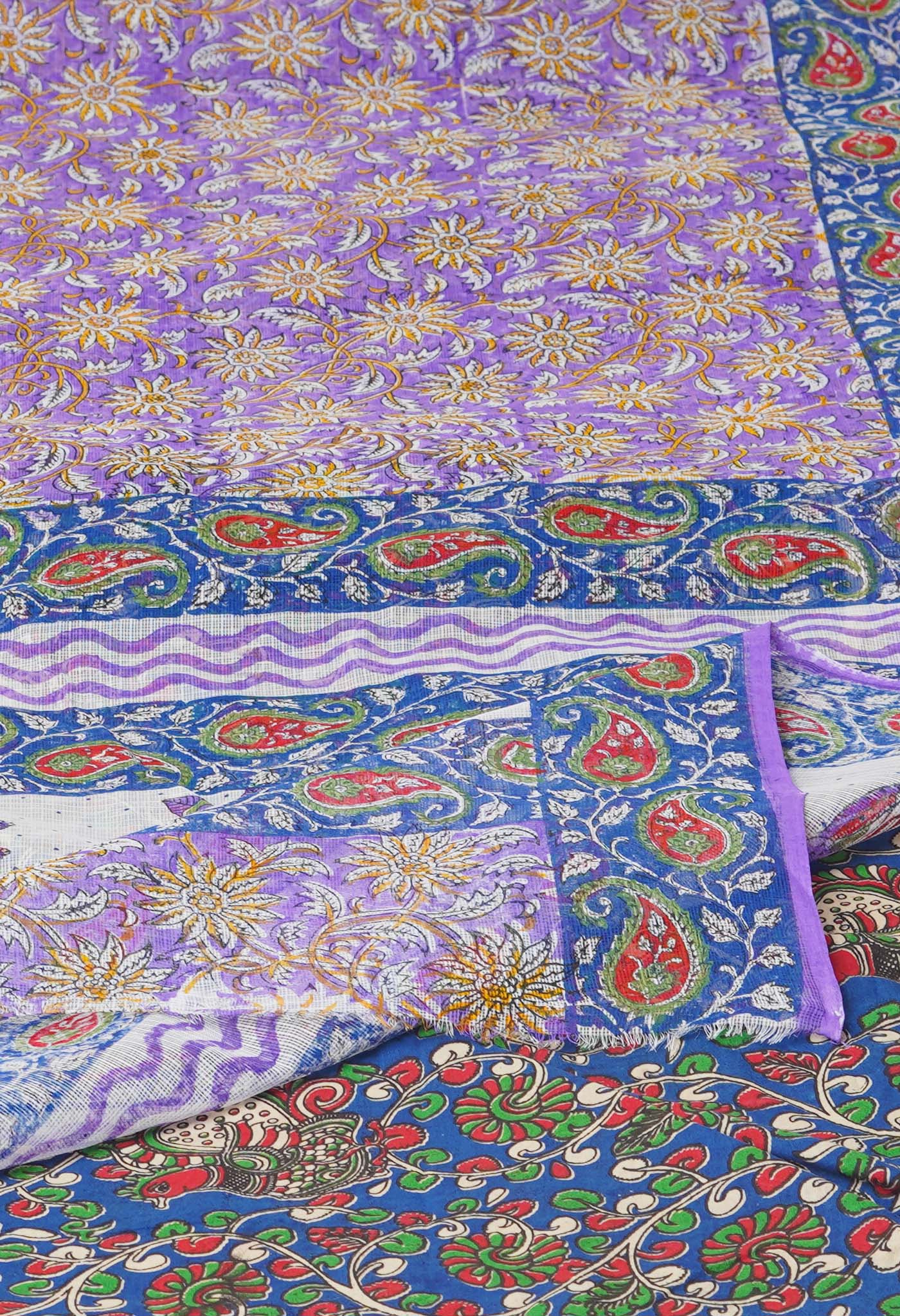 Purple Pure Block Printed Kota Cotton Saree With Kalamkari Printed Blouse Piece-UNM74578