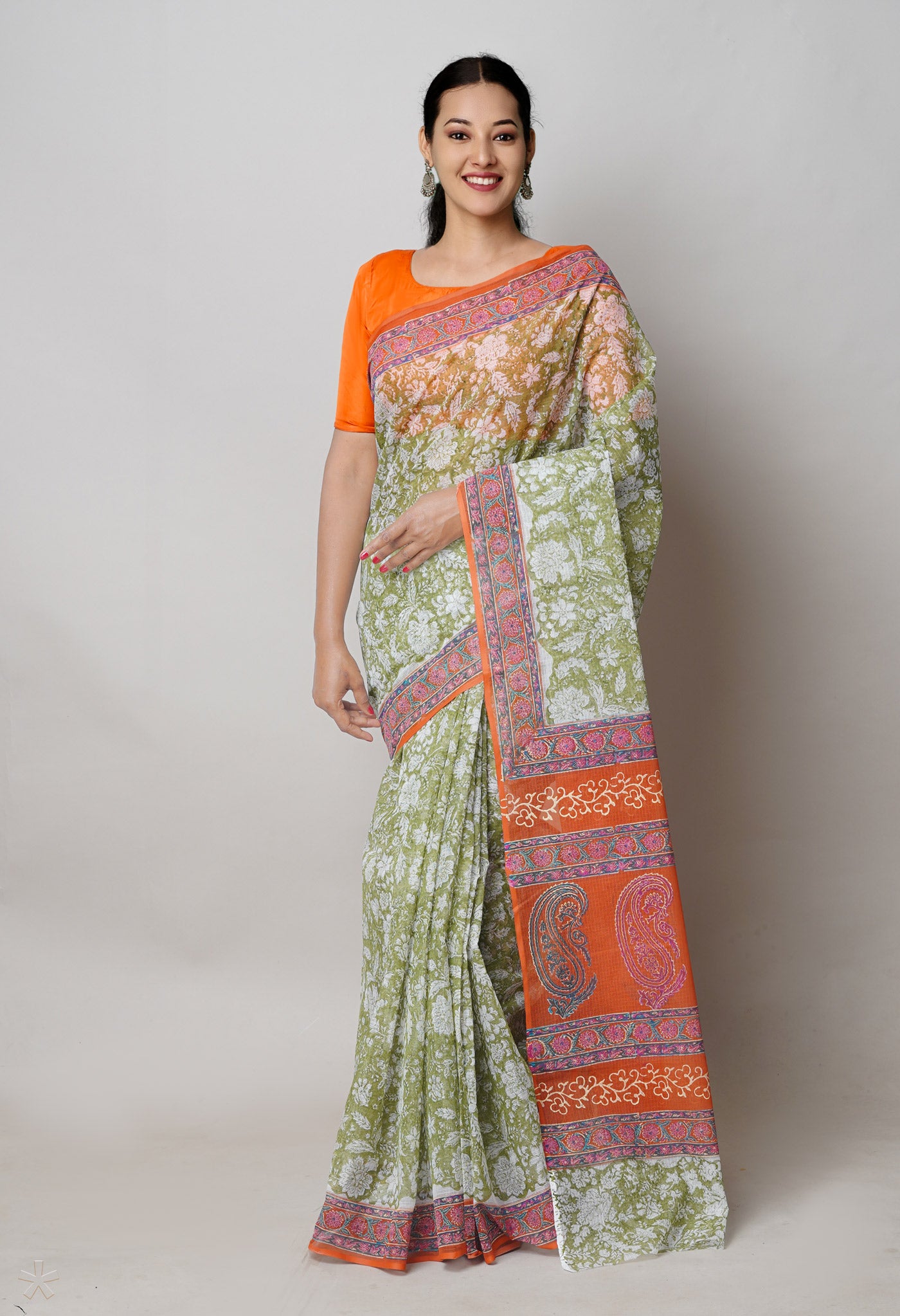 Green Pure Block Printed Kota Cotton Saree With Kalamkari Printed Blouse Piece-UNM74583