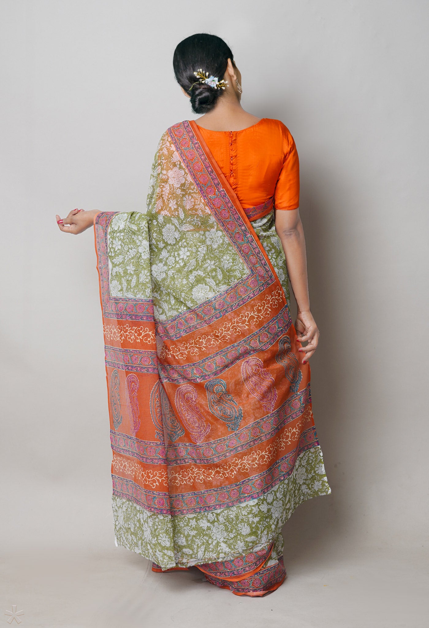 Green Pure Block Printed Kota Cotton Saree With Kalamkari Printed Blouse Piece-UNM74583