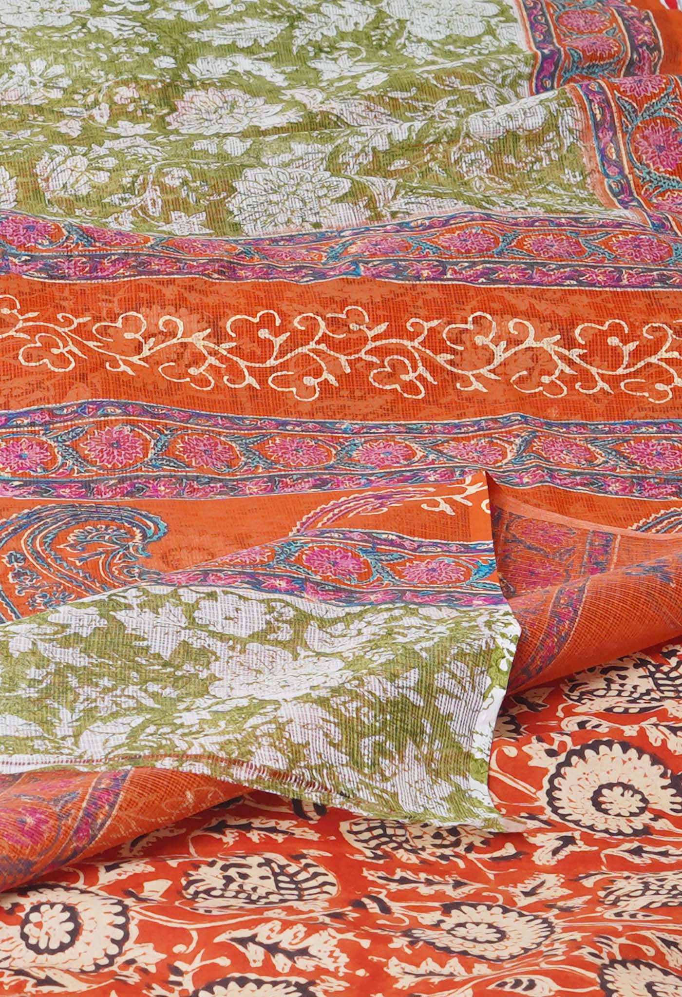 Green Pure Block Printed Kota Cotton Saree With Kalamkari Printed Blouse Piece-UNM74583