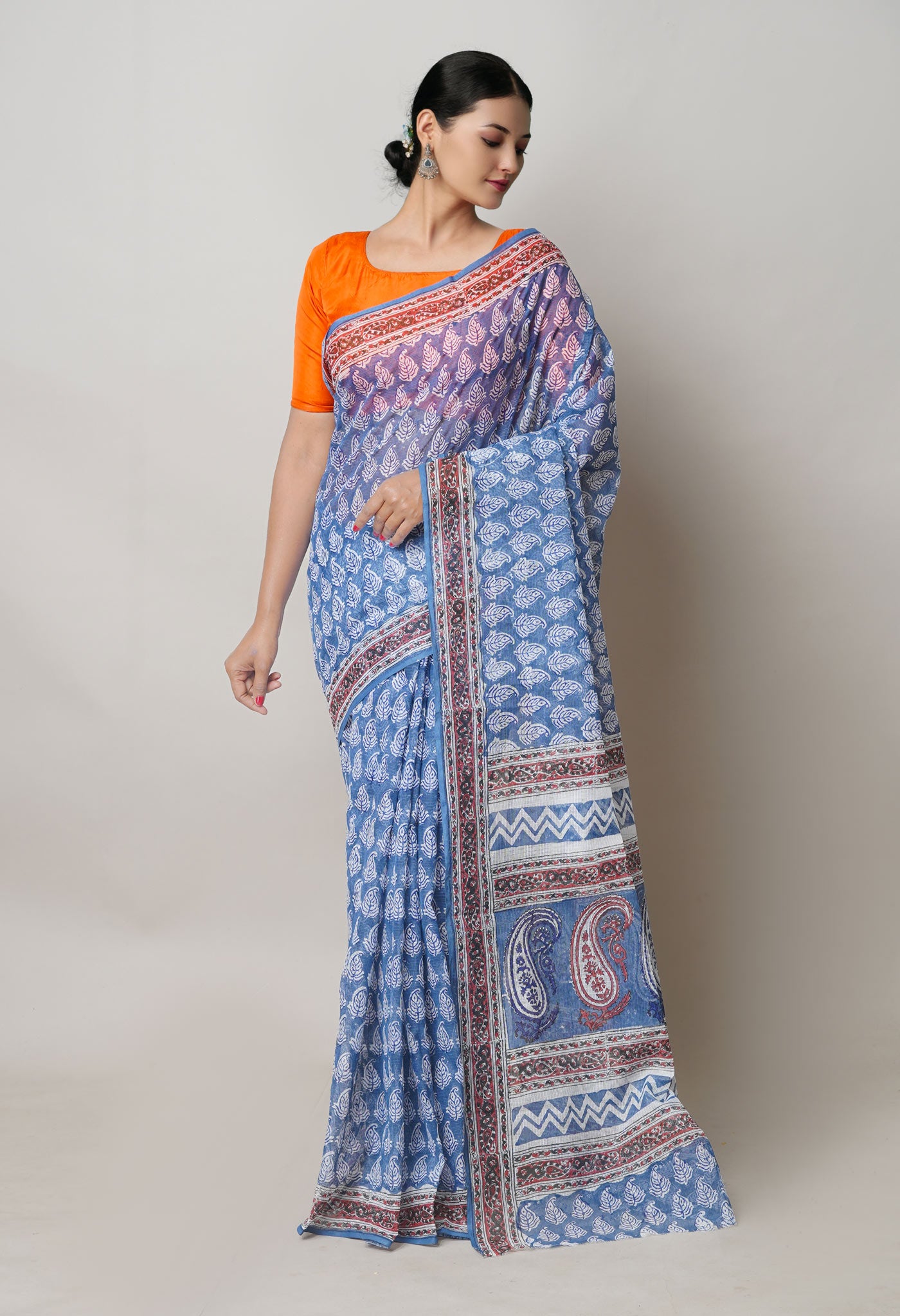 Blue Pure Block Printed Kota Cotton Saree With Kalamkari Printed Blouse Piece