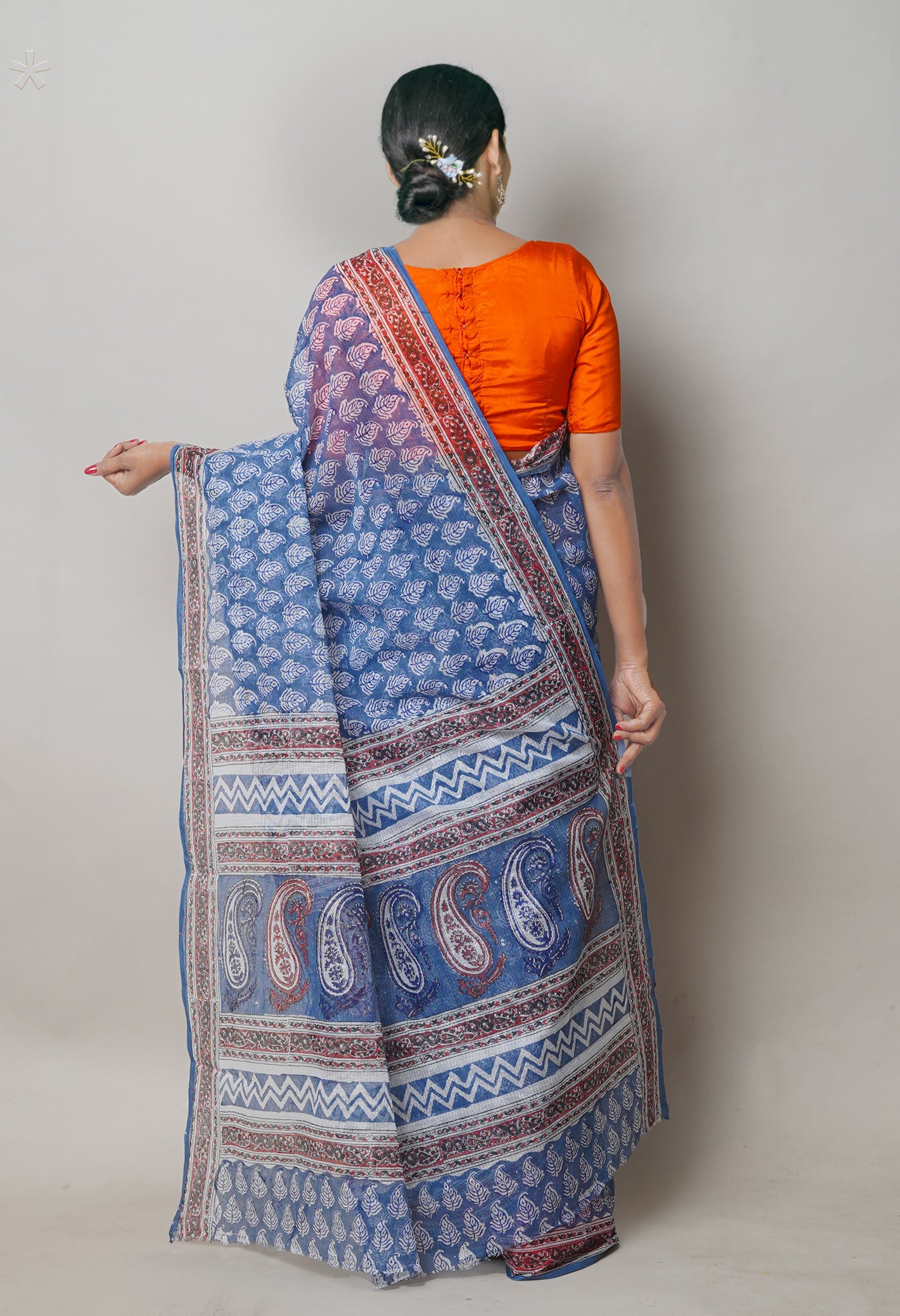 Blue Pure Block Printed Kota Cotton Saree With Kalamkari Printed Blouse Piece