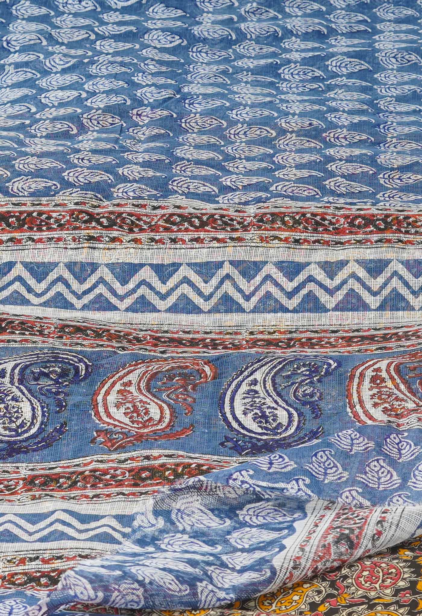Blue Pure Block Printed Kota Cotton Saree With Kalamkari Printed Blouse Piece