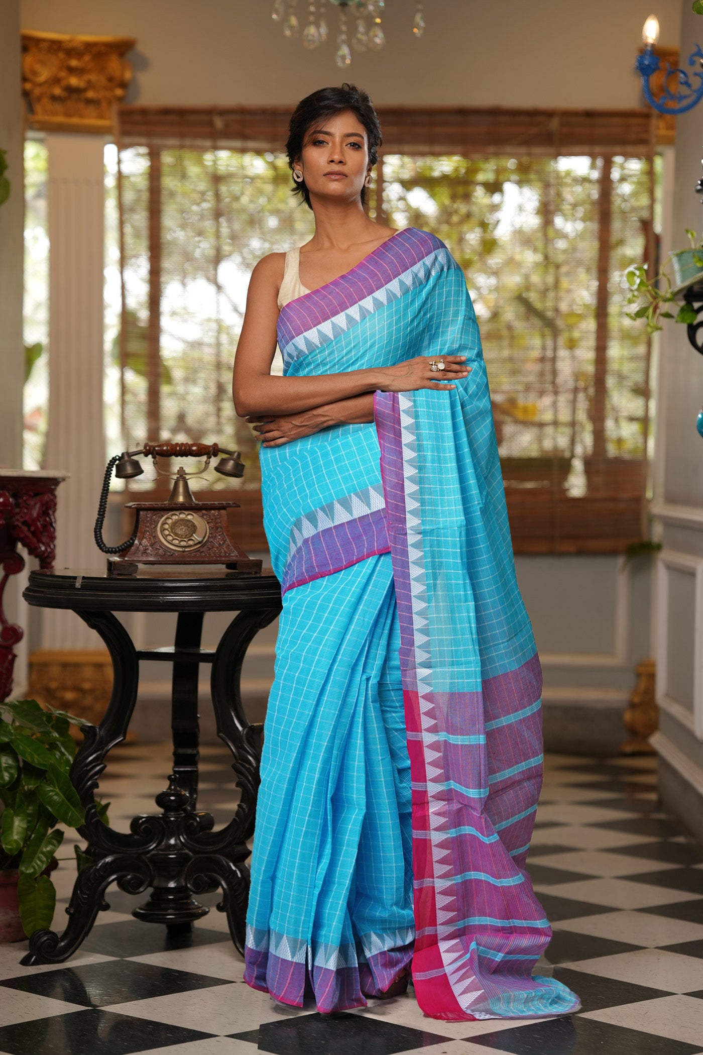 Blue Pure Mangalgiri With Checks Cotton Saree