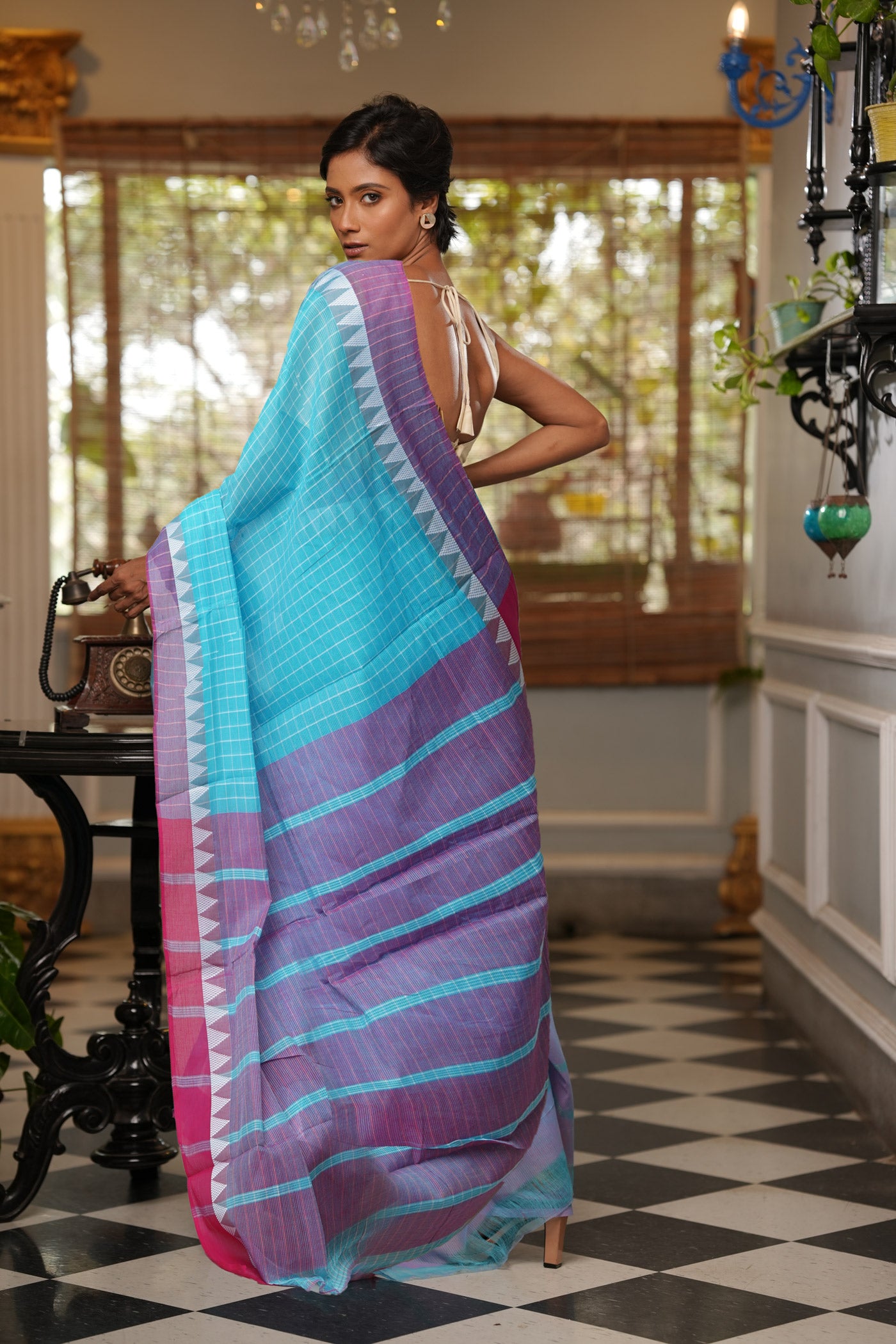 Blue Pure Mangalgiri With Checks Cotton Saree