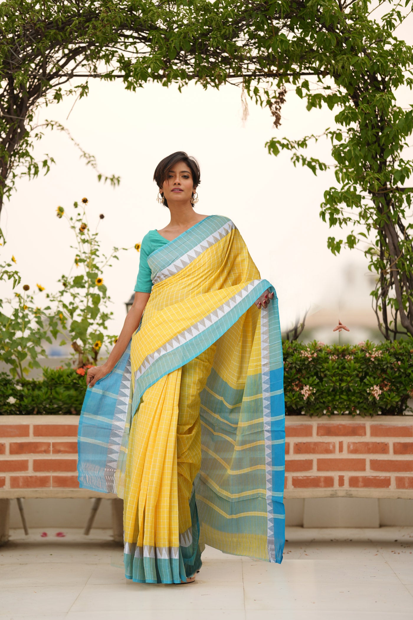 Yellow Pure Mangalgiri With Checks Cotton Saree