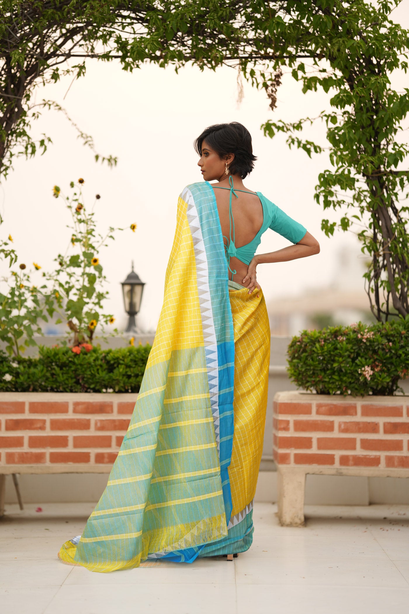 Yellow Pure Mangalgiri With Checks Cotton Saree