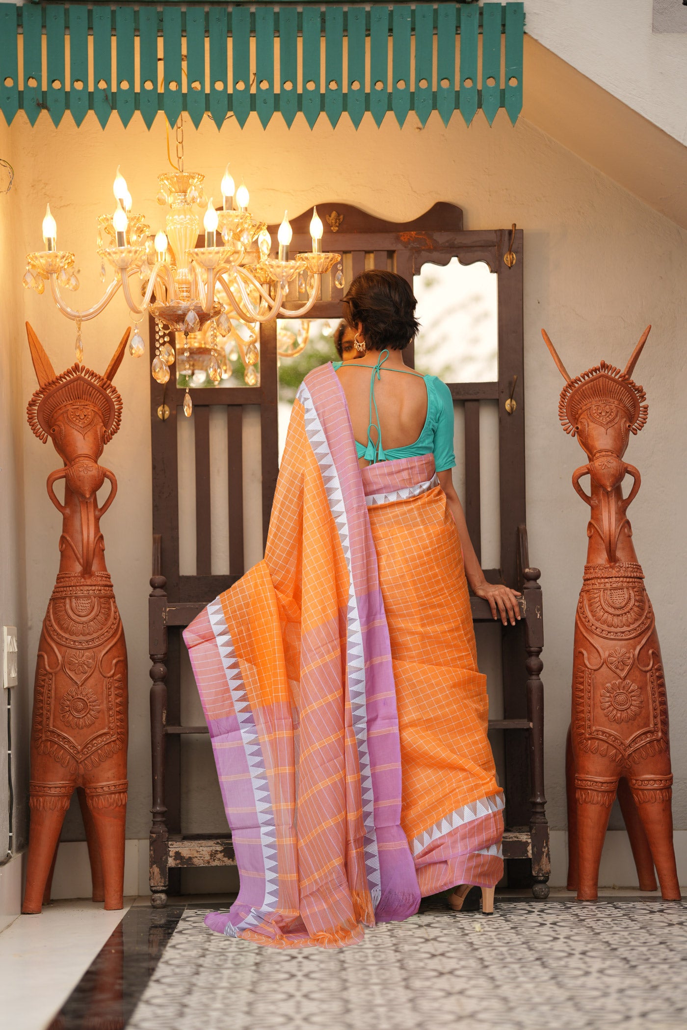 Orange Pure Mangalgiri With Checks Cotton Saree