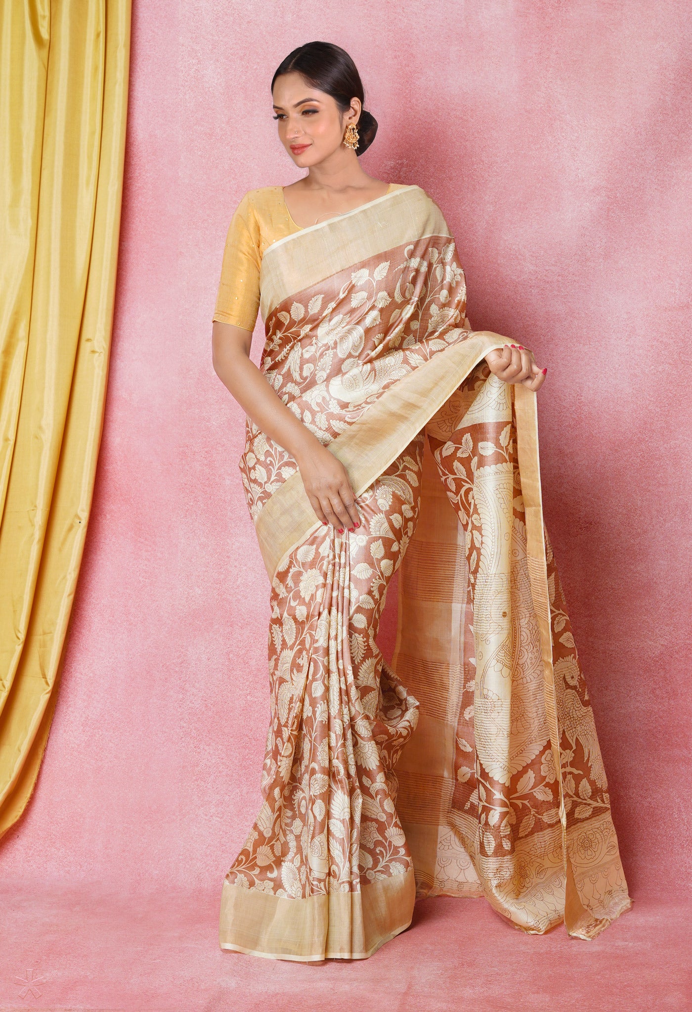 Peach Pink-Cream Pure Designer Printed Bengal Tussar Silk Saree-UNM74659