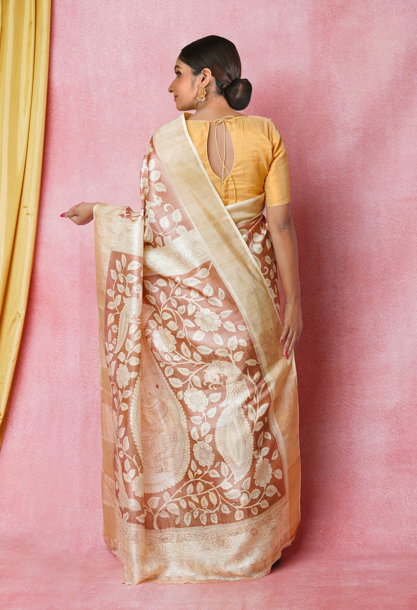 Peach Pink-Cream Pure Designer Printed Bengal Tussar Silk Saree-UNM74659