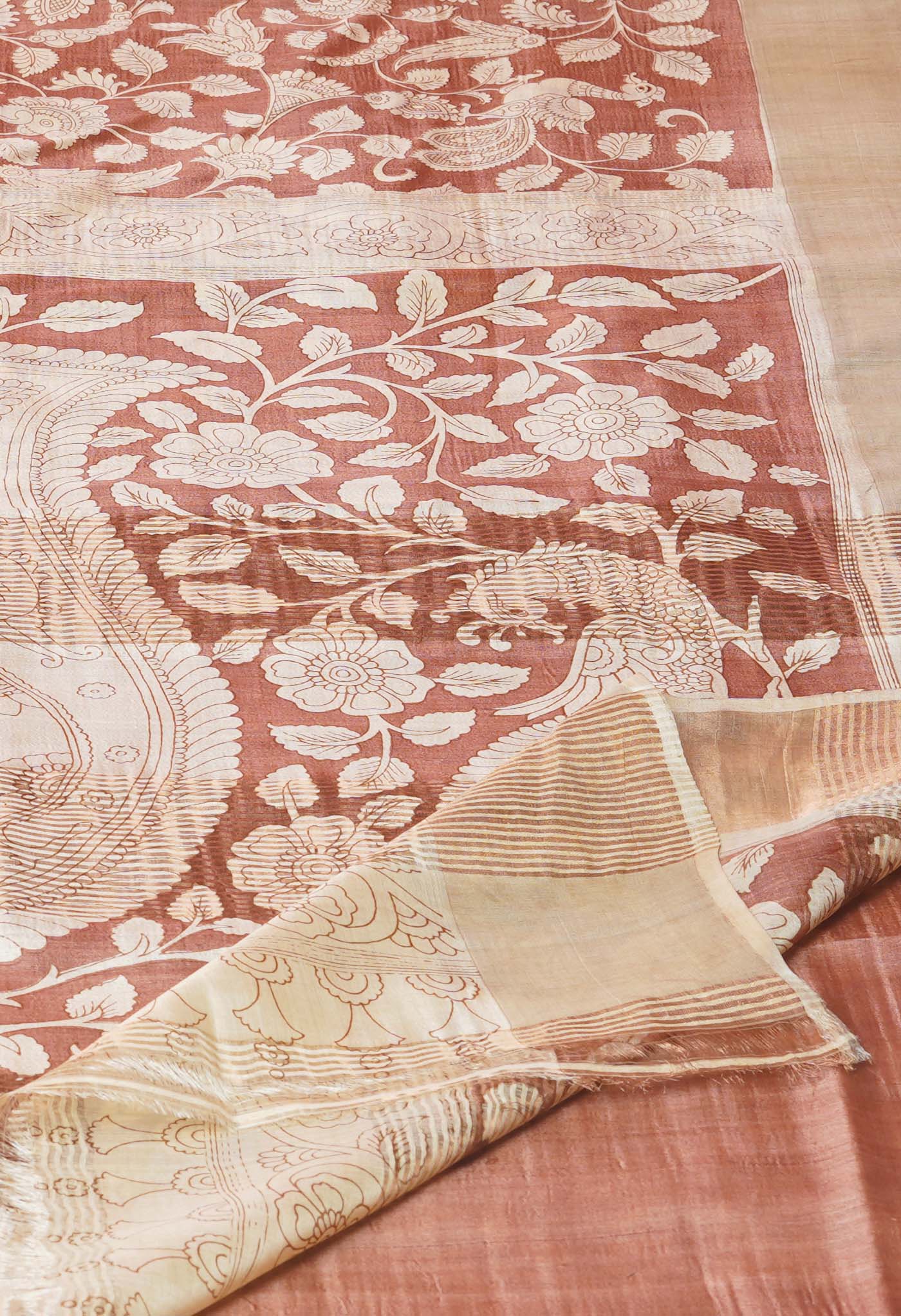 Peach Pink-Cream Pure Designer Printed Bengal Tussar Silk Saree-UNM74659