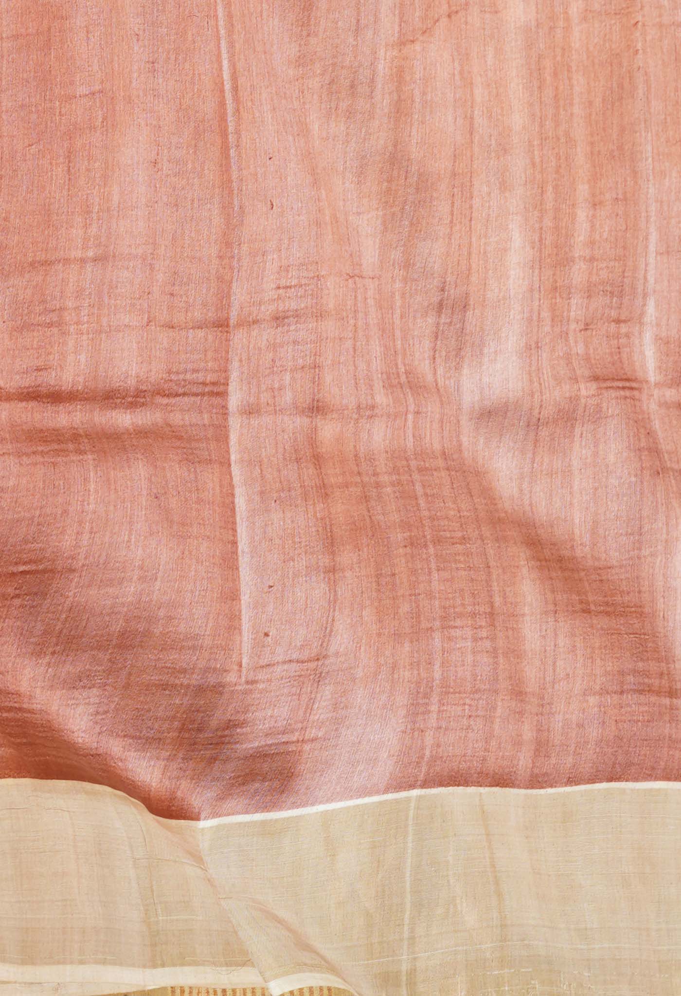 Peach Pink-Cream Pure Designer Printed Bengal Tussar Silk Saree-UNM74659