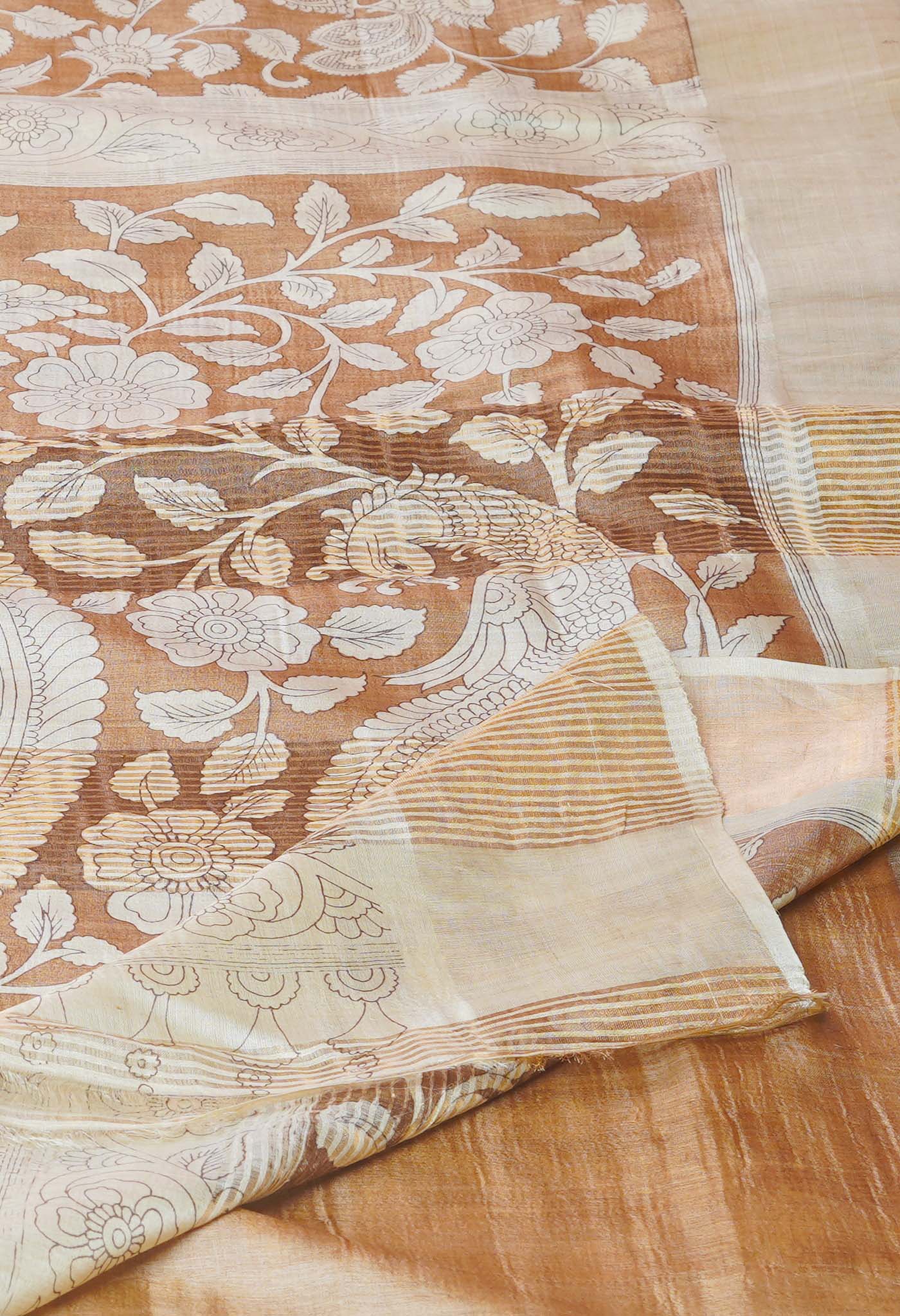 Peach Brown-Cream Pure Designer Printed Bengal Tussar Silk Saree-UNM74660