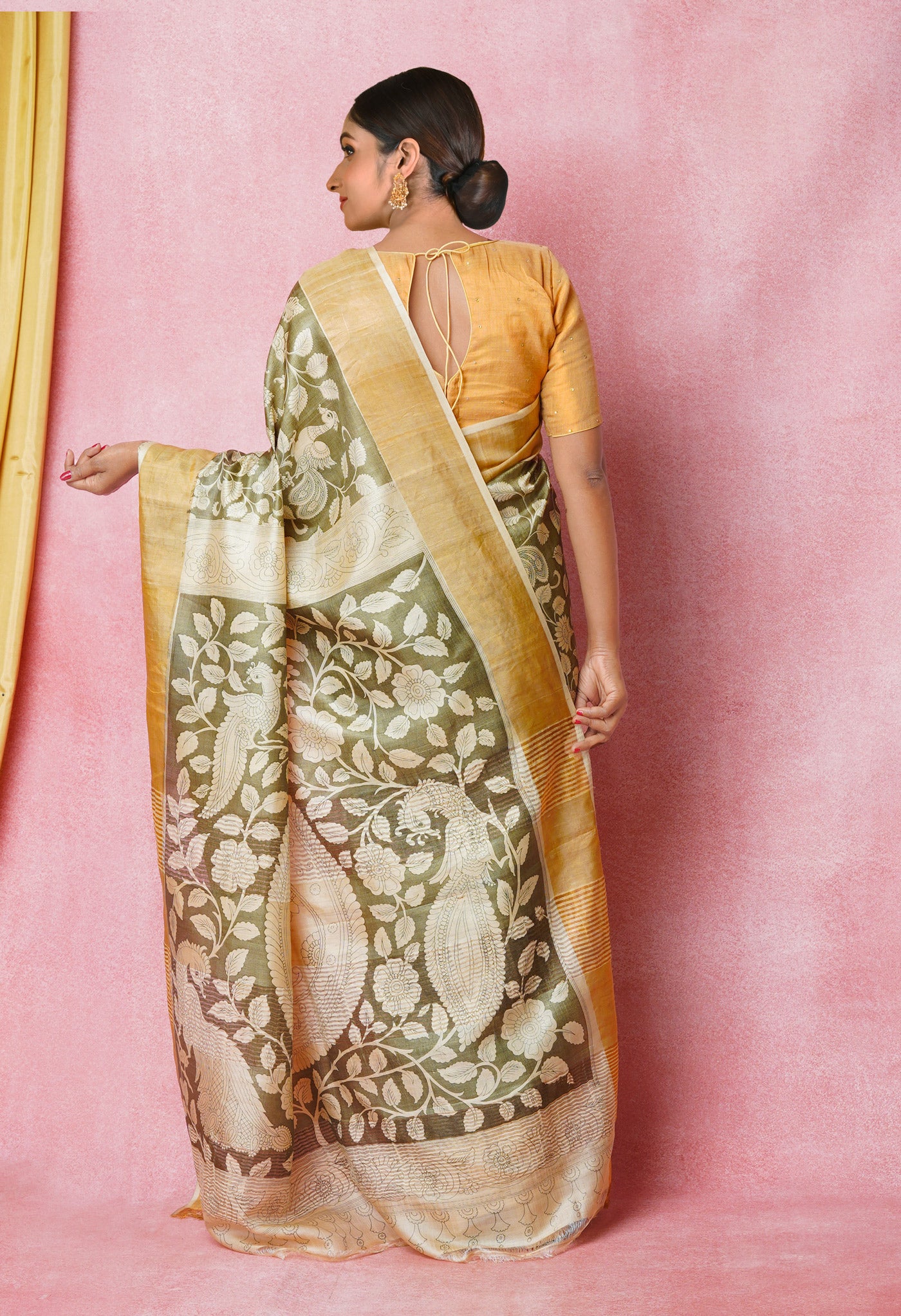 Olive Green-Cream Pure Designer Printed Bengal Tussar Silk Saree-UNM74661