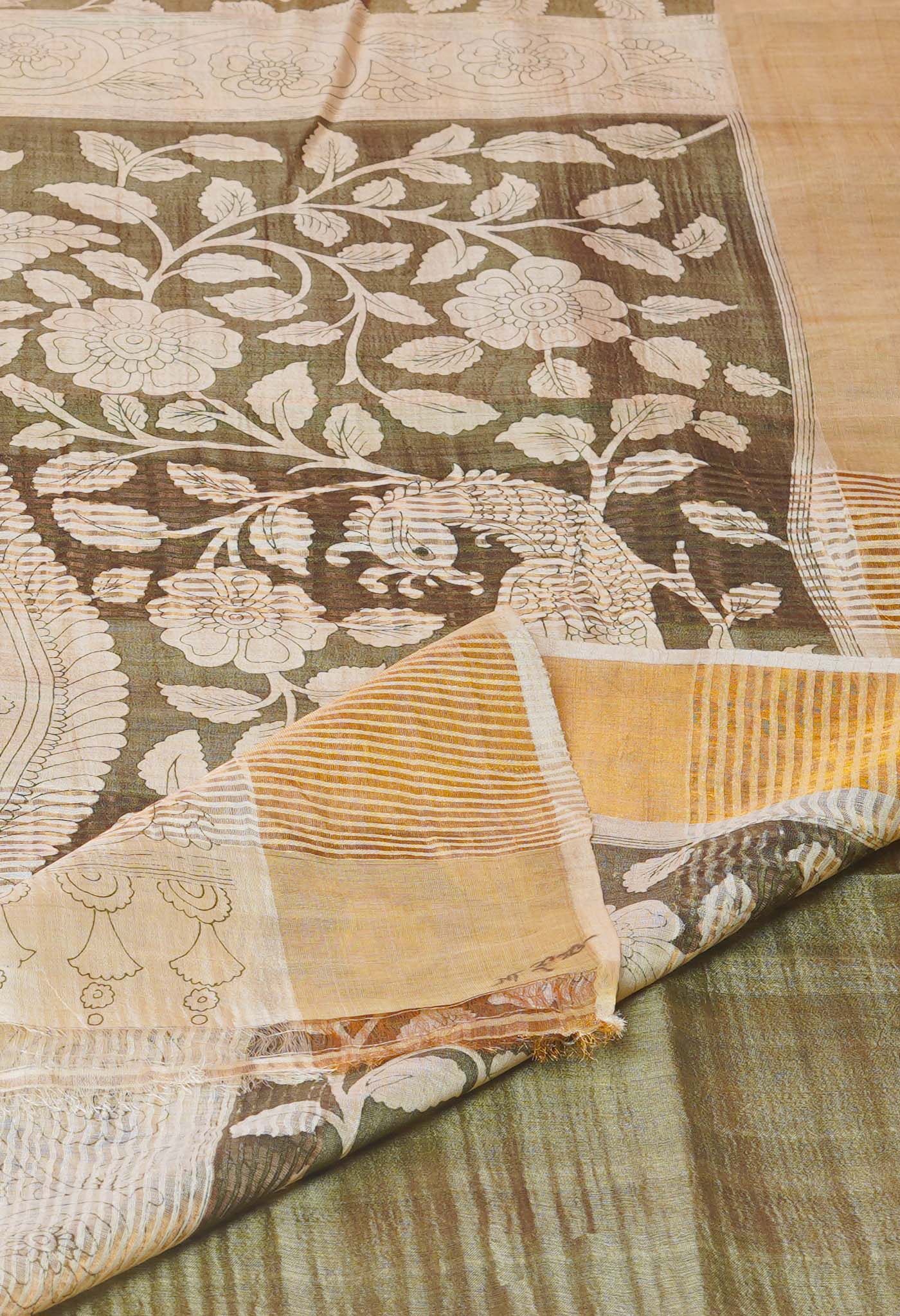 Olive Green-Cream Pure Designer Printed Bengal Tussar Silk Saree-UNM74661