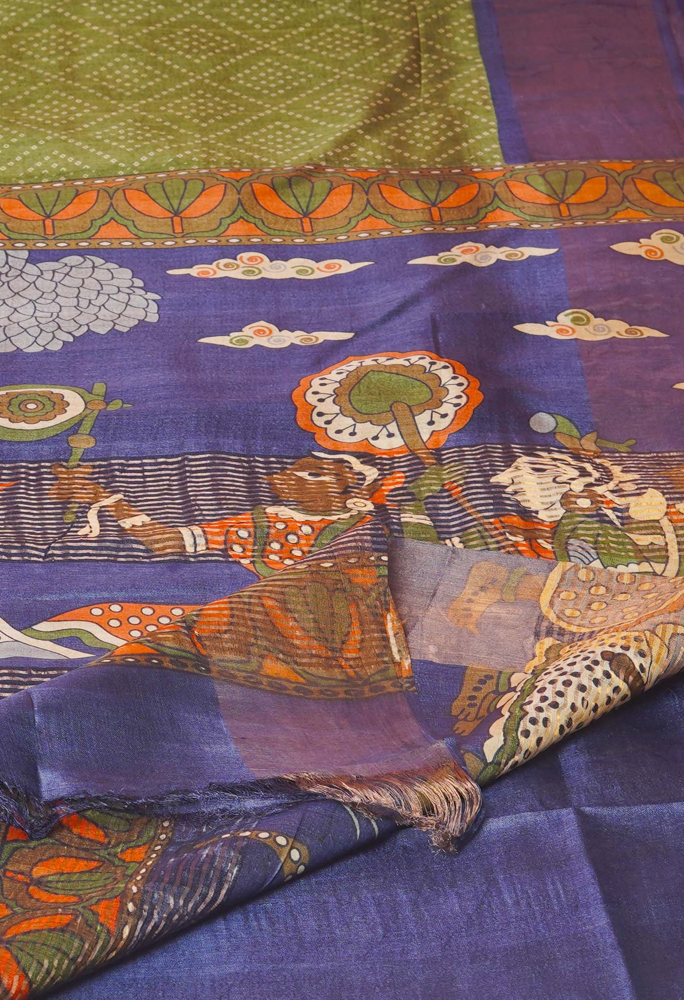Green-Navy Blue Pure Designer Printed Bengal Tussar Silk Saree-UNM74664