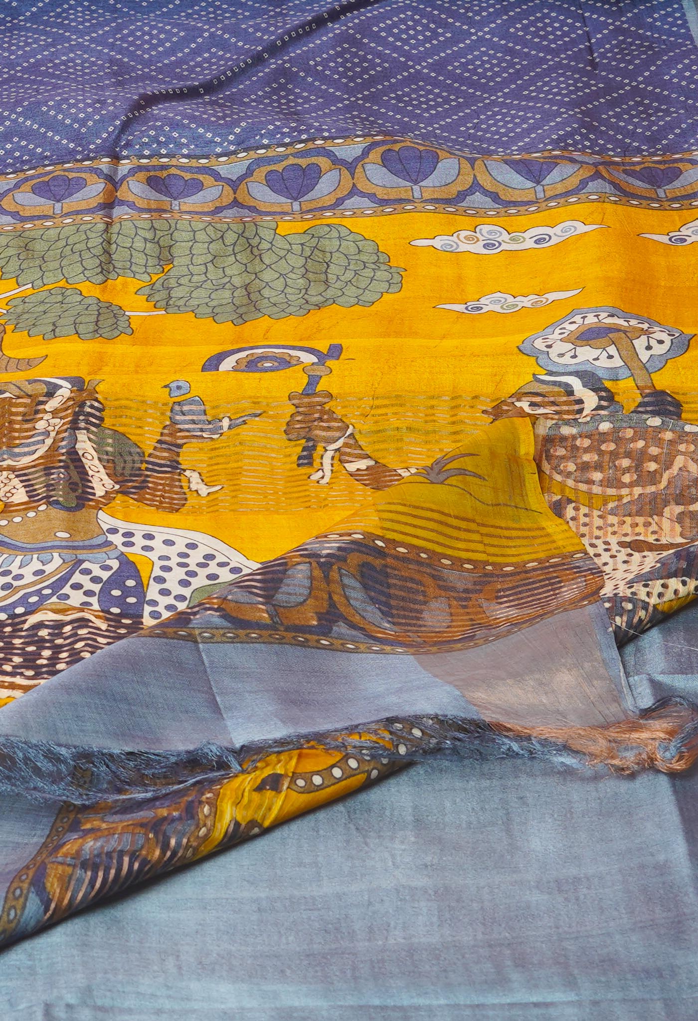 Blue-Bluish Grey Pure Designer Printed Bengal Tussar Silk Saree-UNM74666