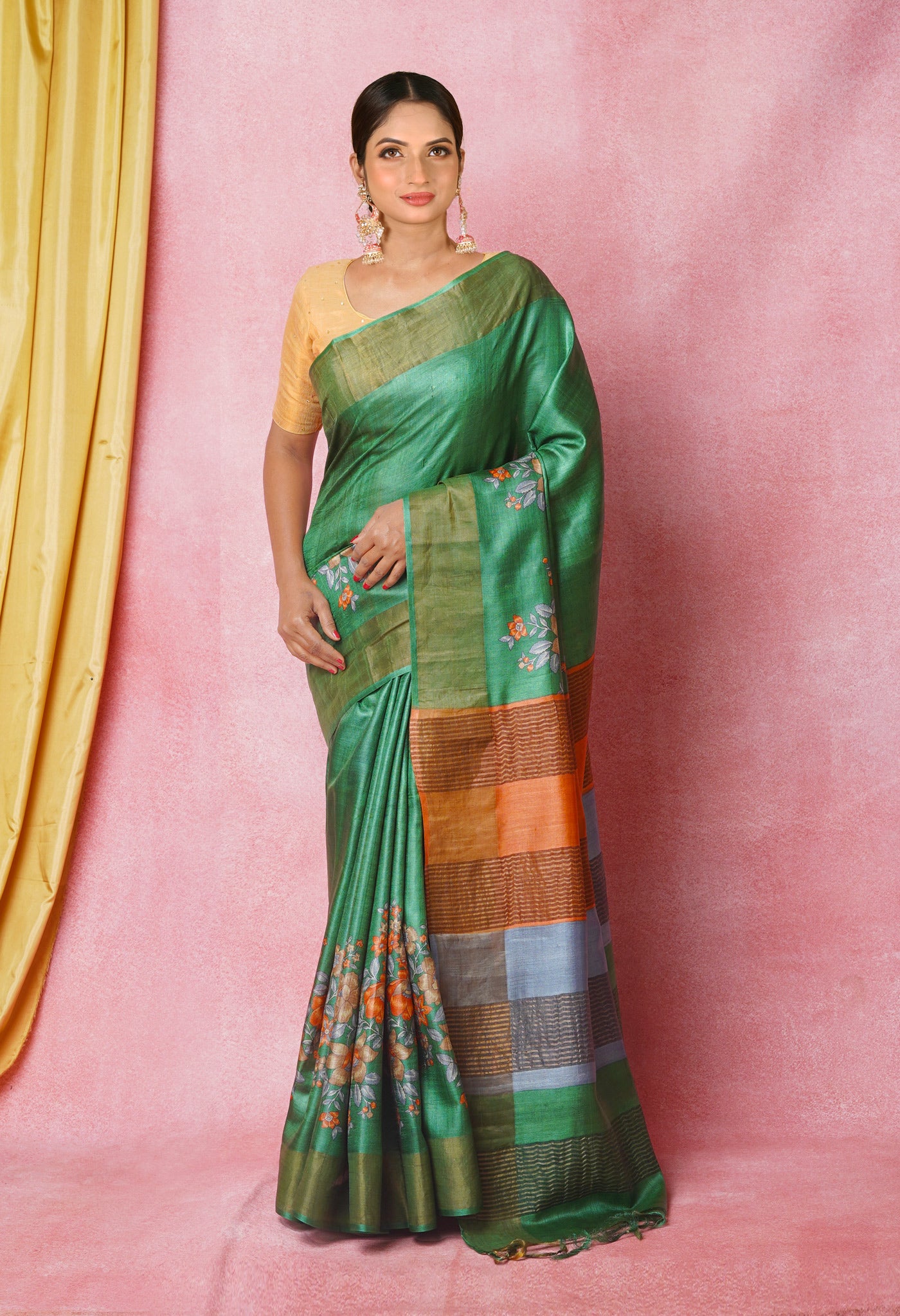 Green Pure Designer Printed Bengal Tussar Silk Saree
