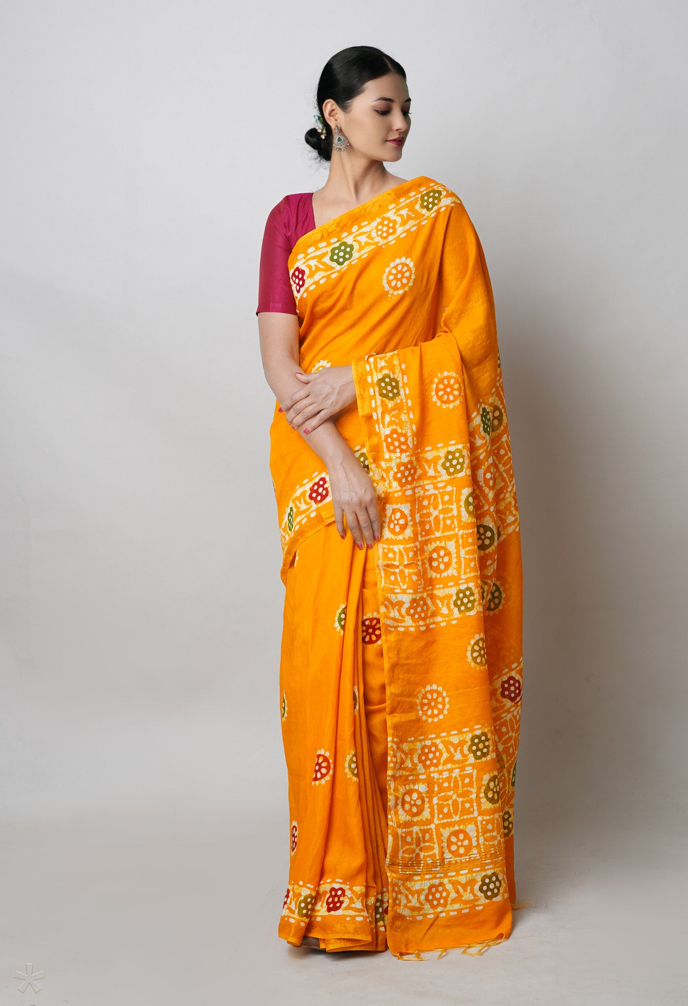 Yellow Hand Block Printed Chanderi Sico Saree