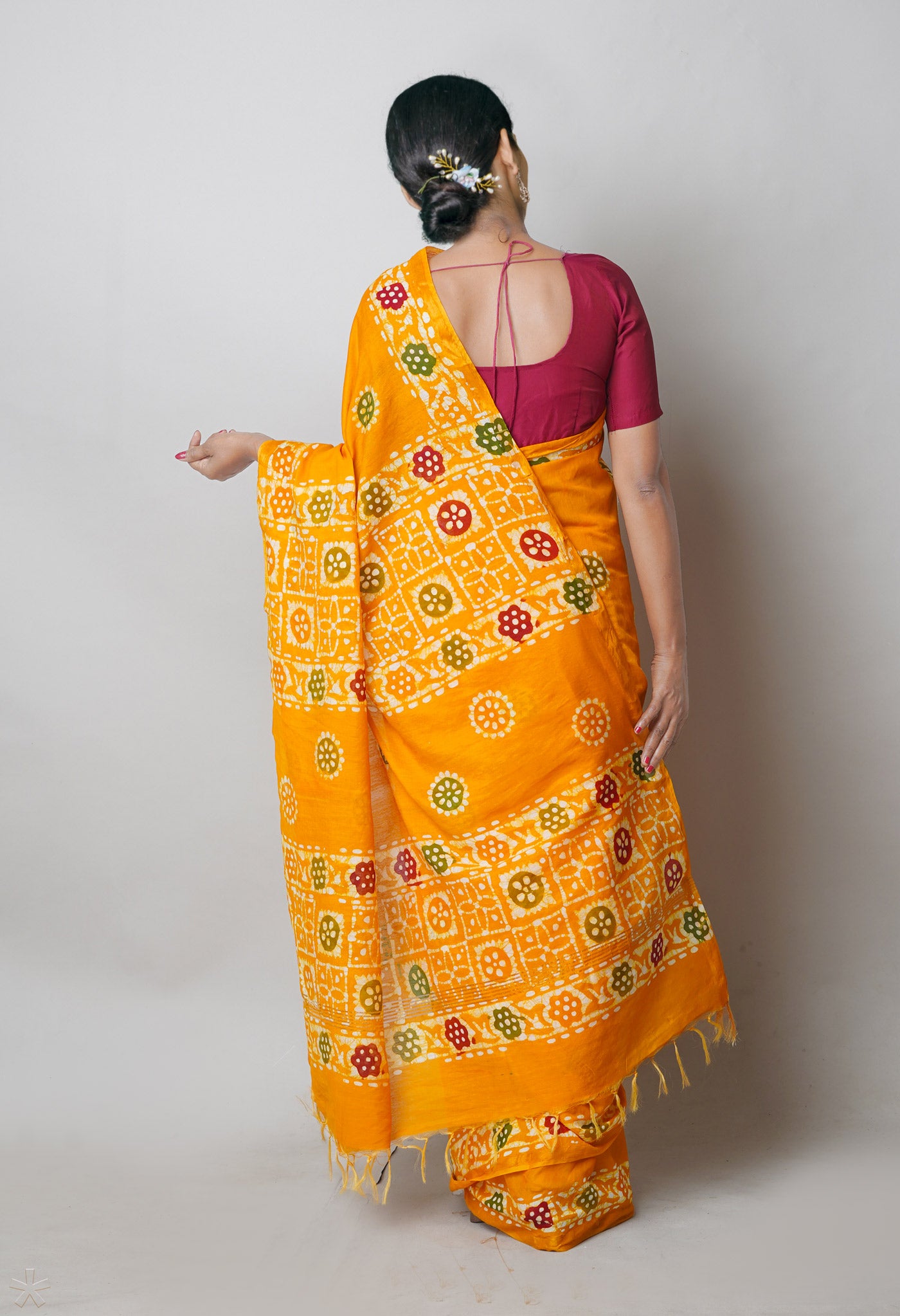 Yellow Hand Block Printed Chanderi Sico Saree
