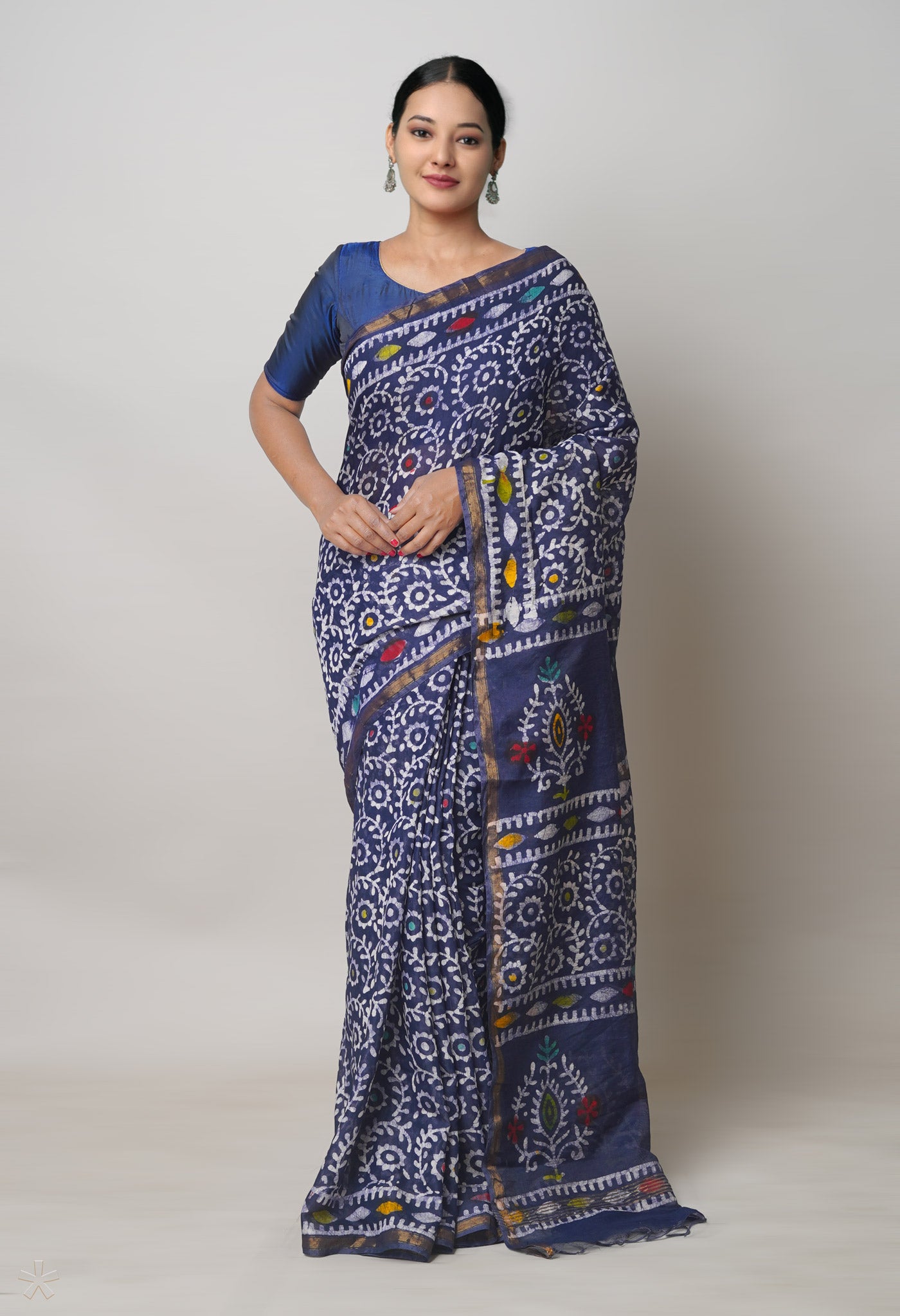 Navy Blue Hand Block Wax Batik Printed Mercerized Chanderi Sico Saree-UNM74673