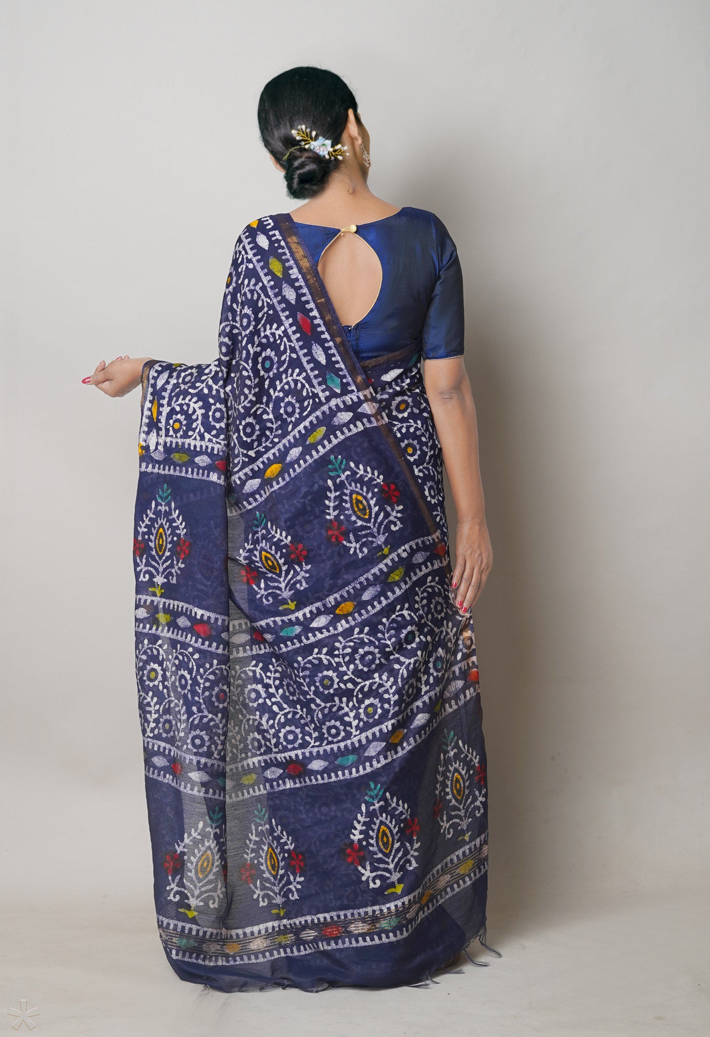 Navy Blue Hand Block Wax Batik Printed Mercerized Chanderi Sico Saree-UNM74673