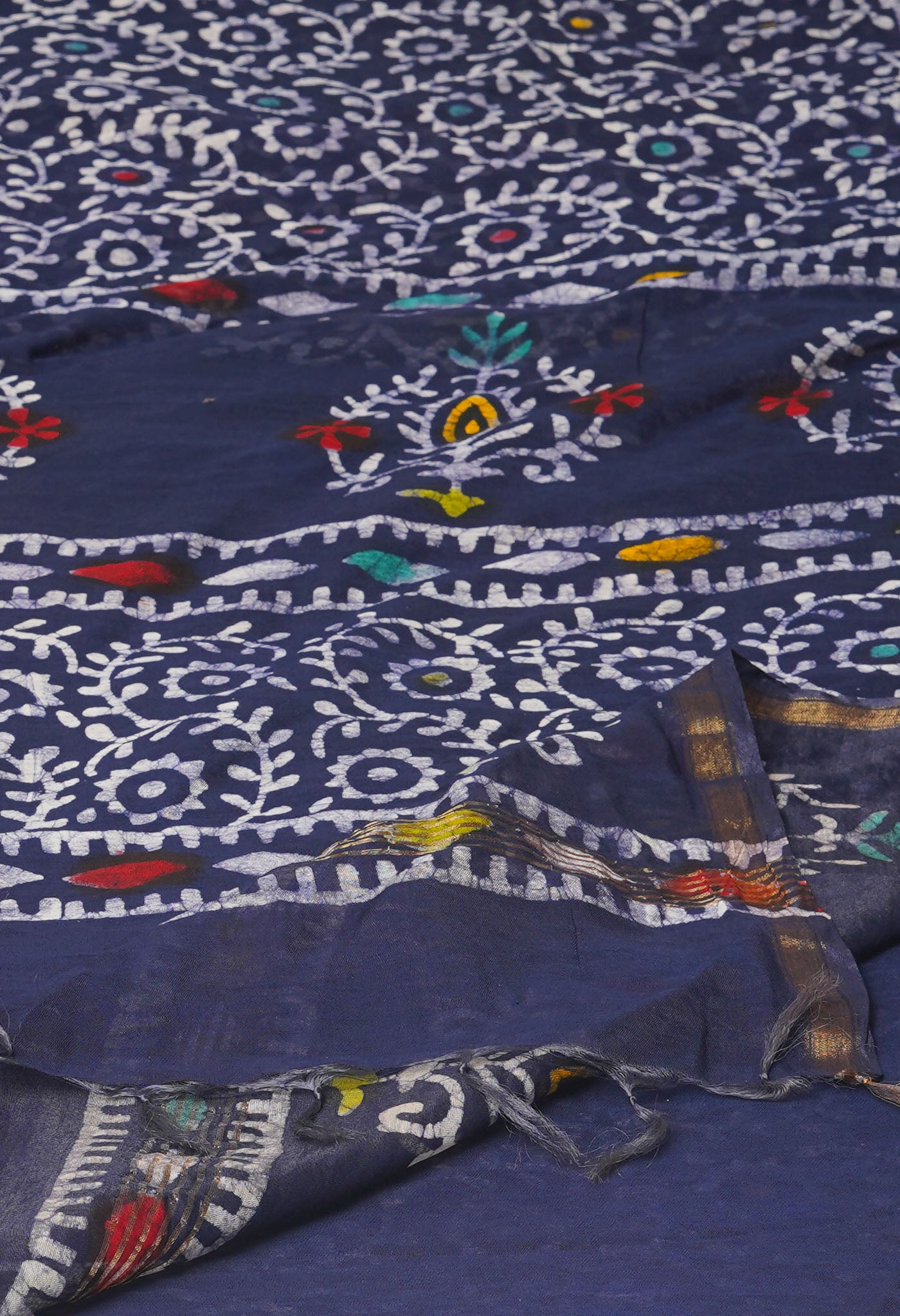 Navy Blue Hand Block Wax Batik Printed Mercerized Chanderi Sico Saree-UNM74673