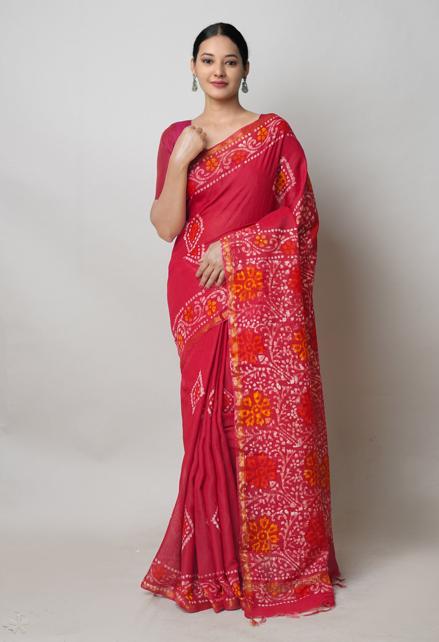 Red Batik Printed Chanderi Sico Saree
