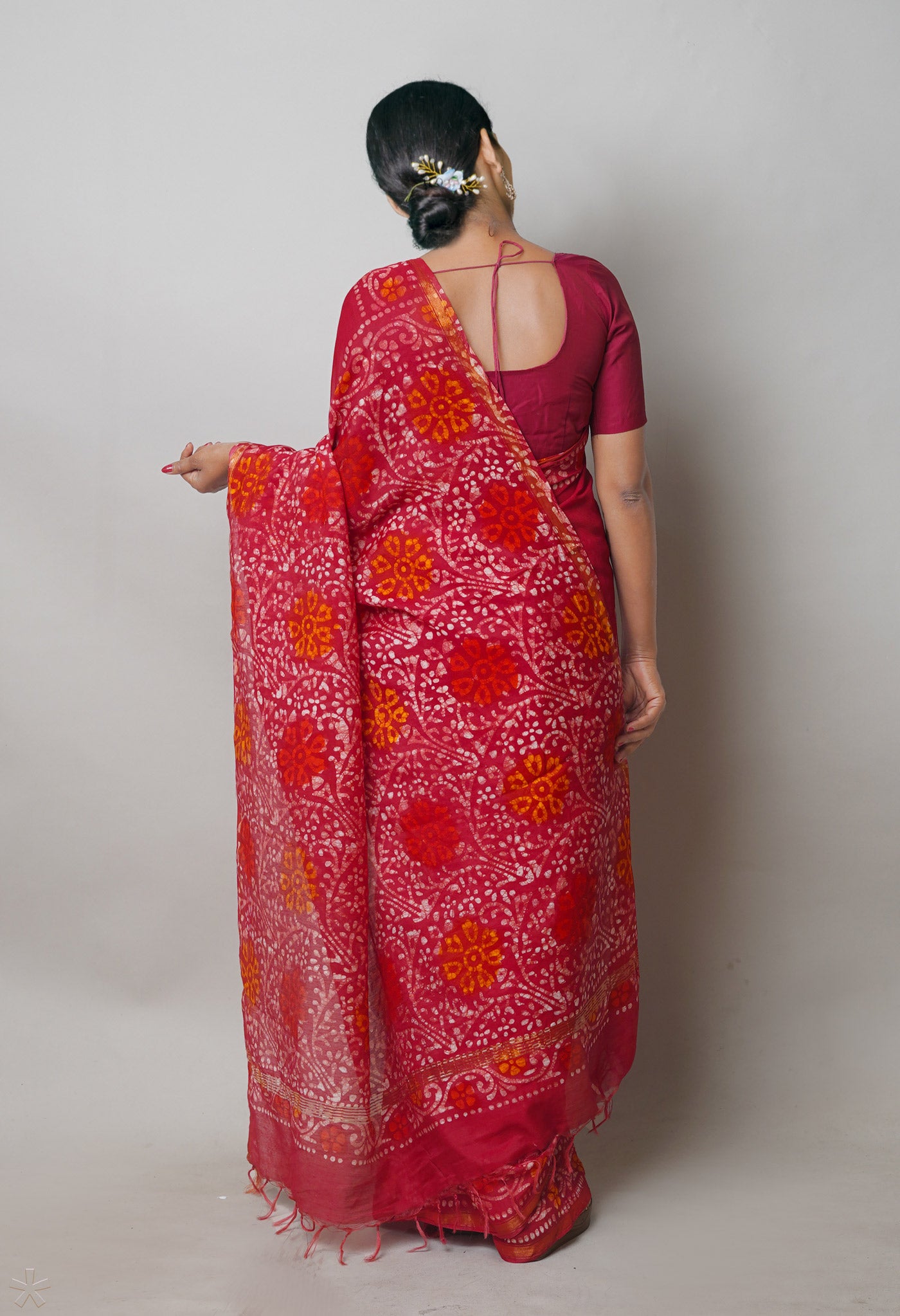 Red Batik Printed Chanderi Sico Saree