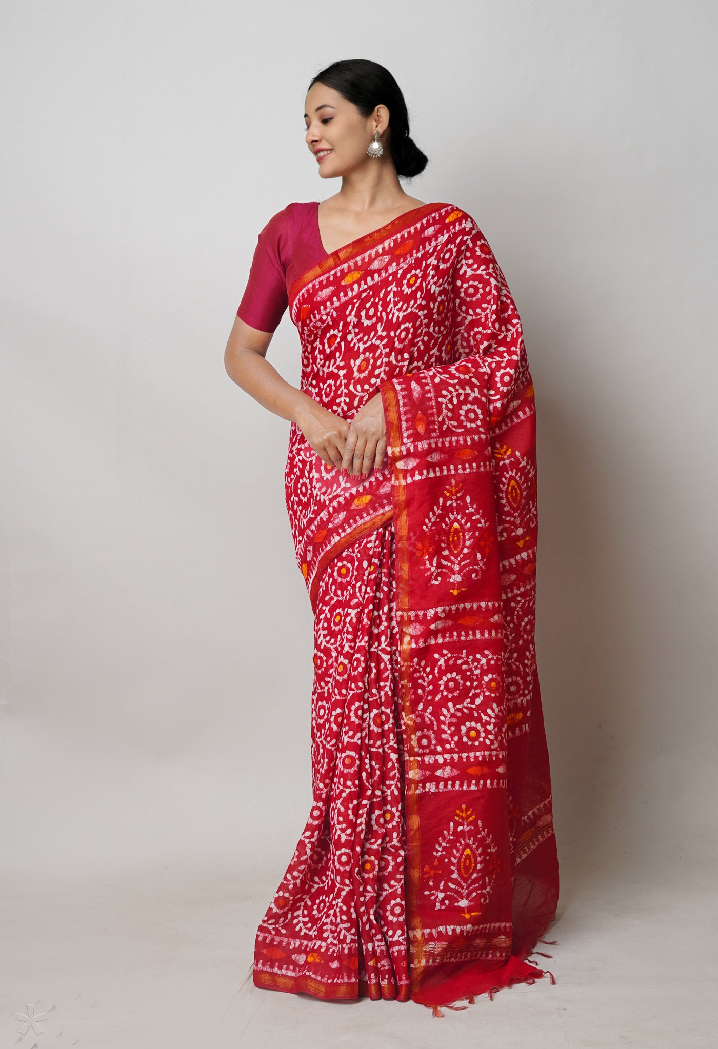 Red Batik Printed Chanderi Sico Saree