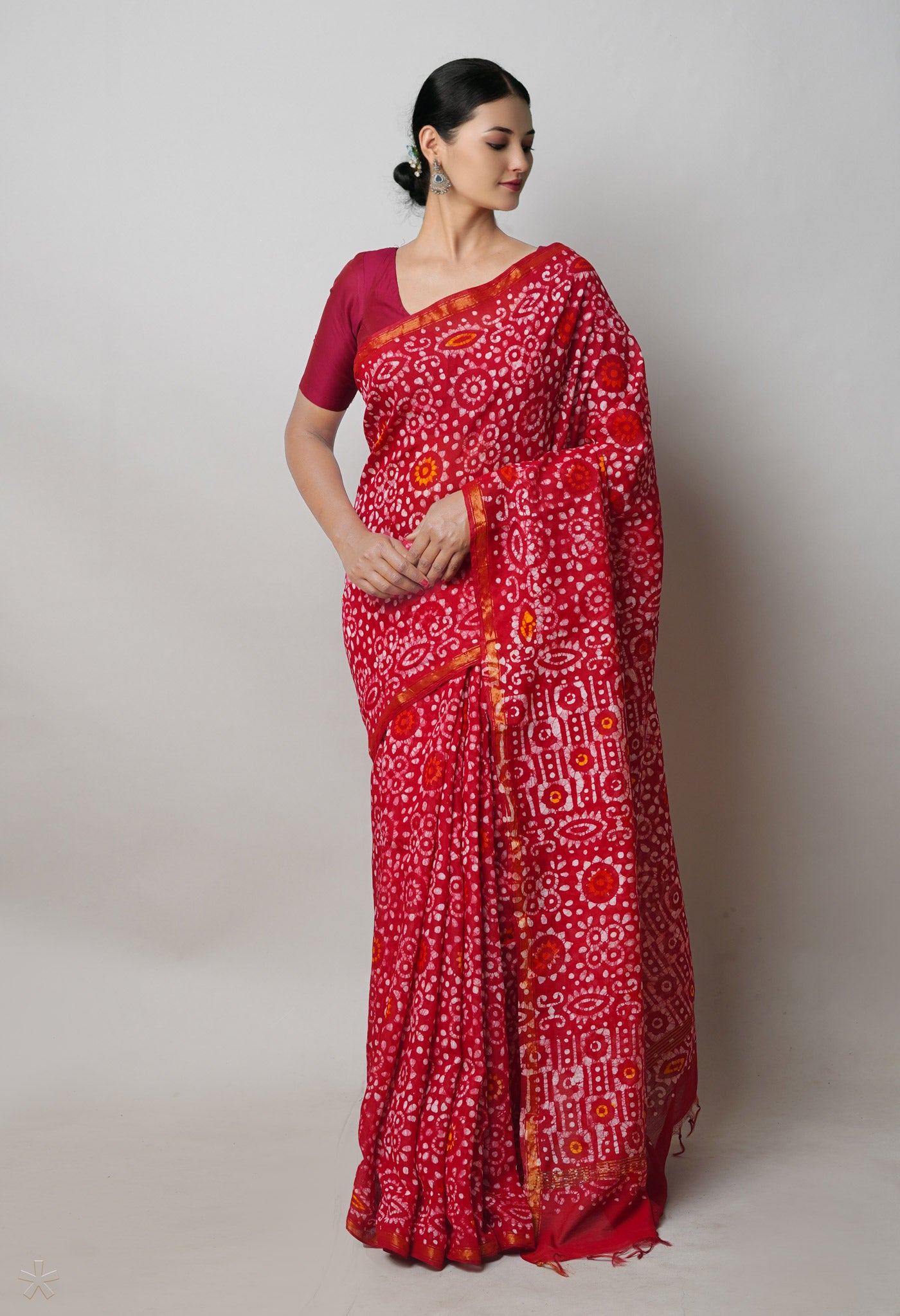 Red Batik Printed Chanderi Sico Saree