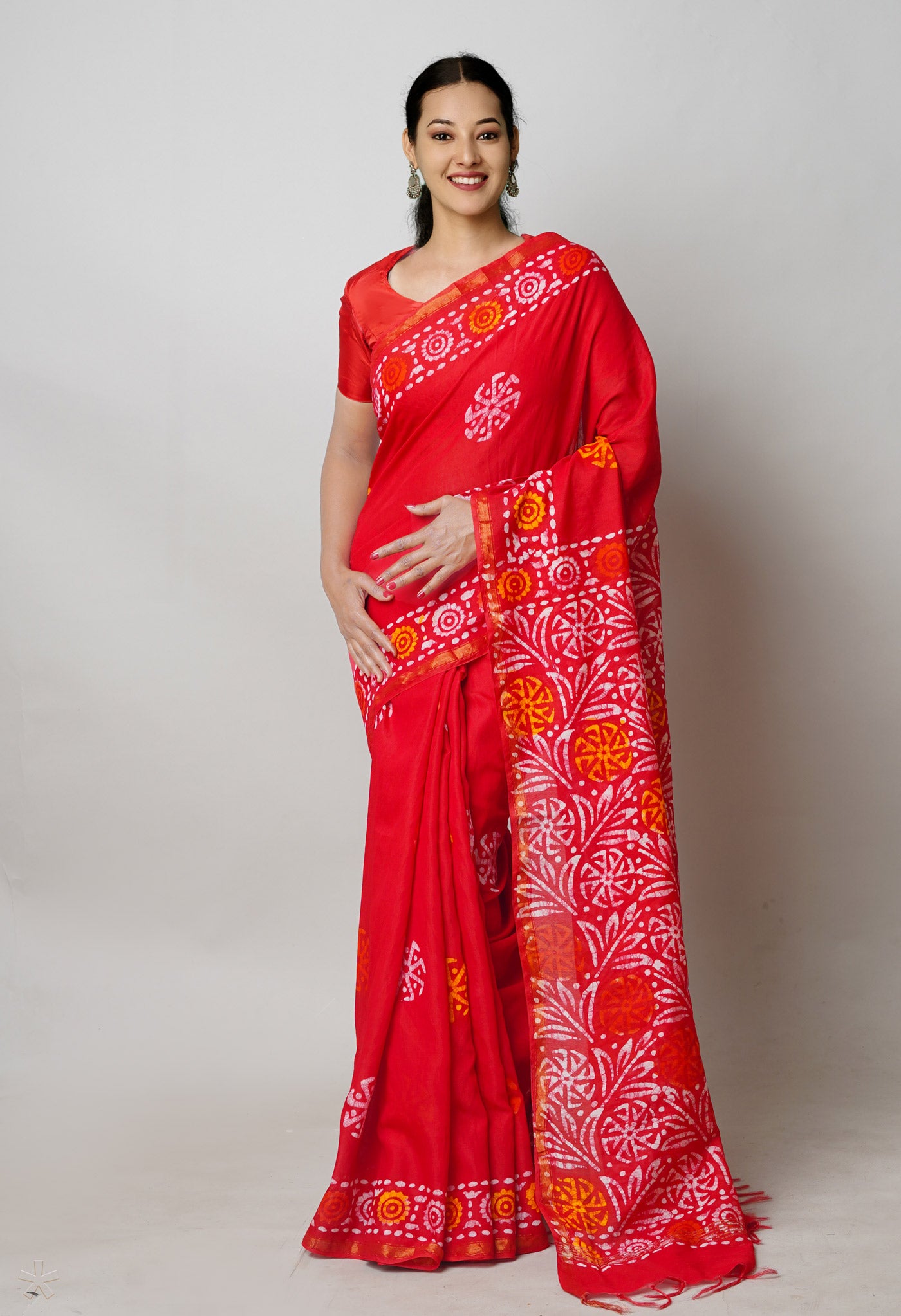 Red Batik Printed Chanderi Sico Saree