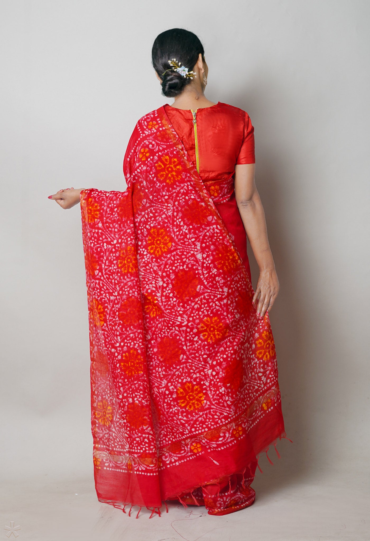 Red Batik Printed Chanderi Sico Saree