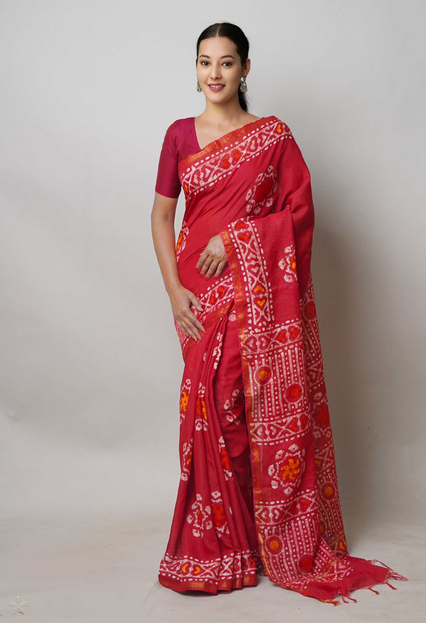 Red Batik Printed Chanderi Sico Saree