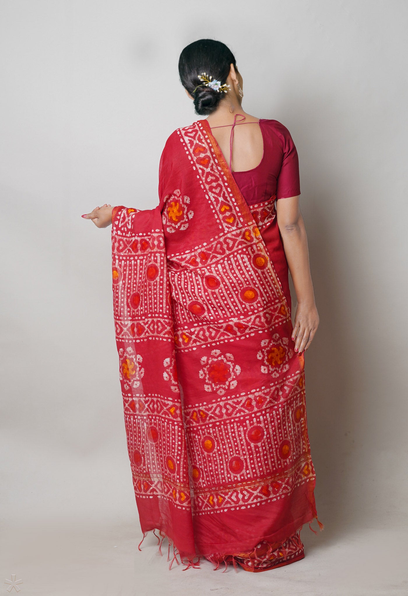 Red Batik Printed Chanderi Sico Saree
