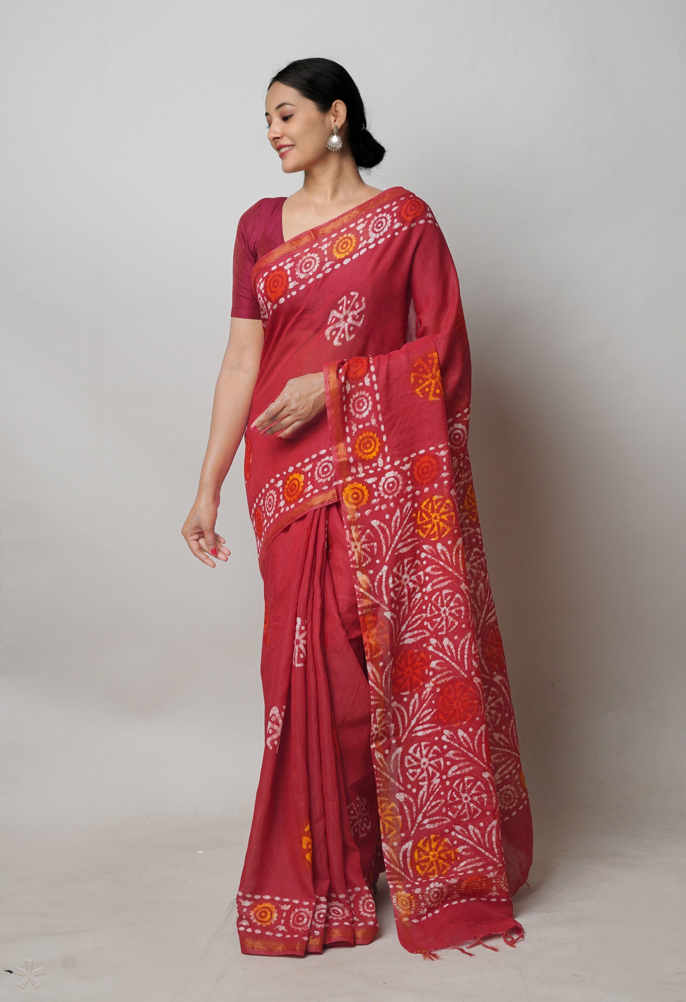 Red Batik Printed Chanderi Sico Saree-unm74698