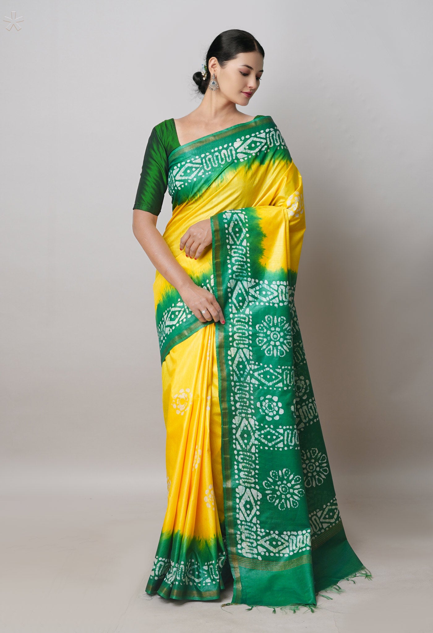 Pale Yellow-Green Pure Batik Printed Chanderi Sico Saree