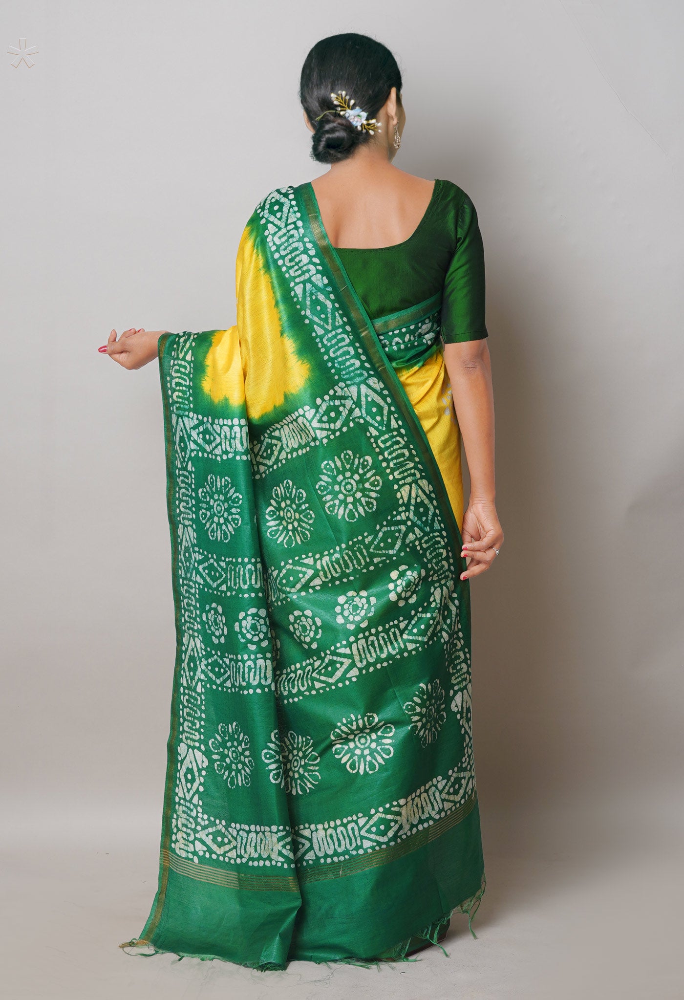 Pale Yellow-Green Pure Batik Printed Chanderi Sico Saree