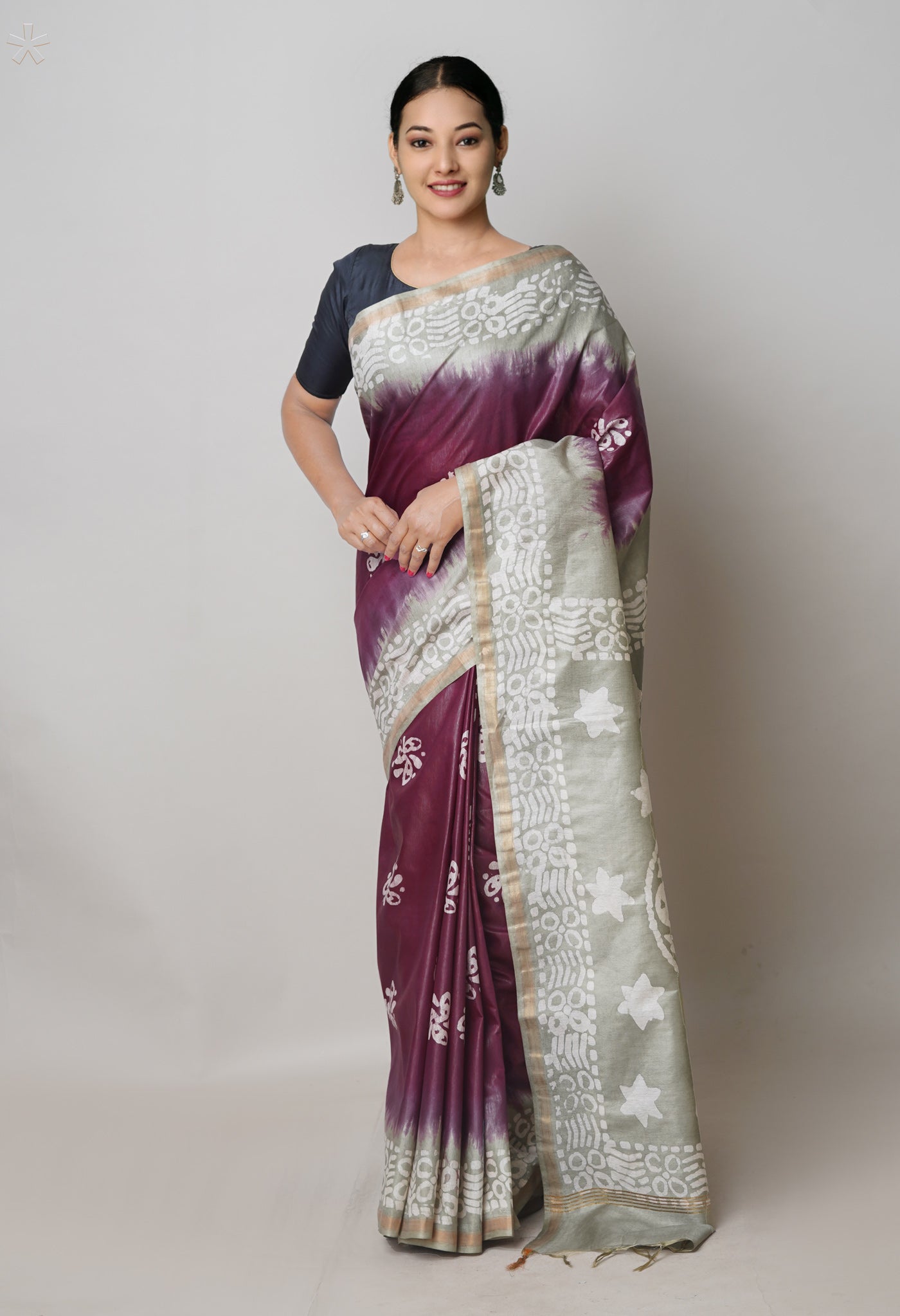 Dark Purple-Grey Pure Batik Printed Chanderi Sico Saree-UNM74755