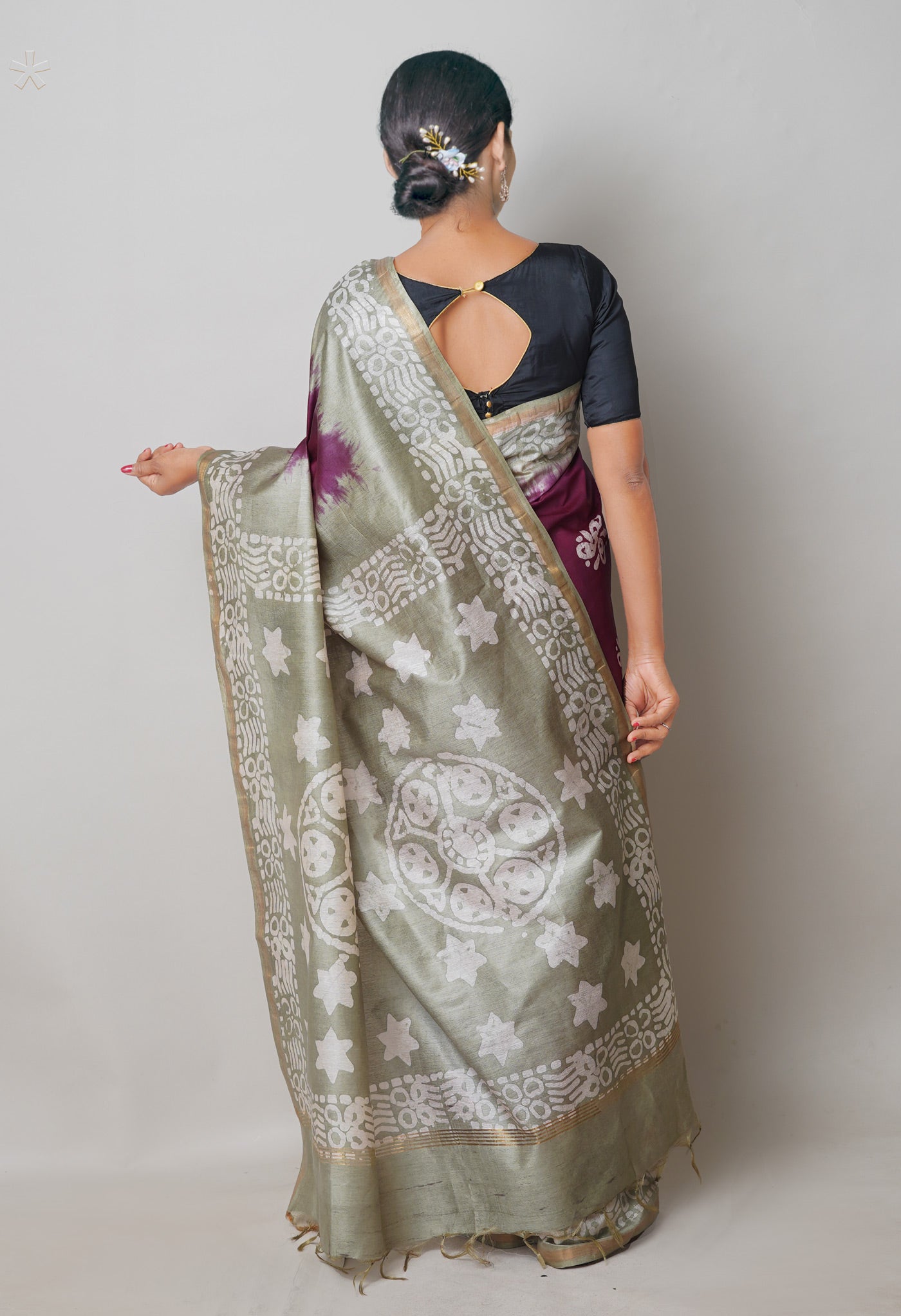 Dark Purple-Grey Pure Batik Printed Chanderi Sico Saree-UNM74755
