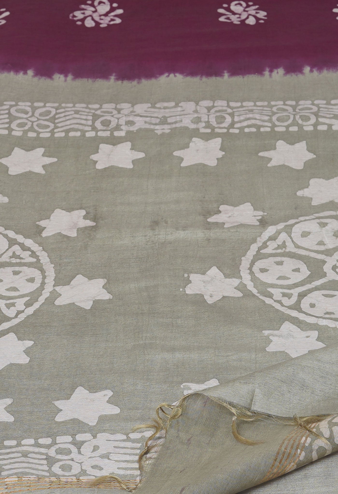 Dark Purple-Grey Pure Batik Printed Chanderi Sico Saree-UNM74755